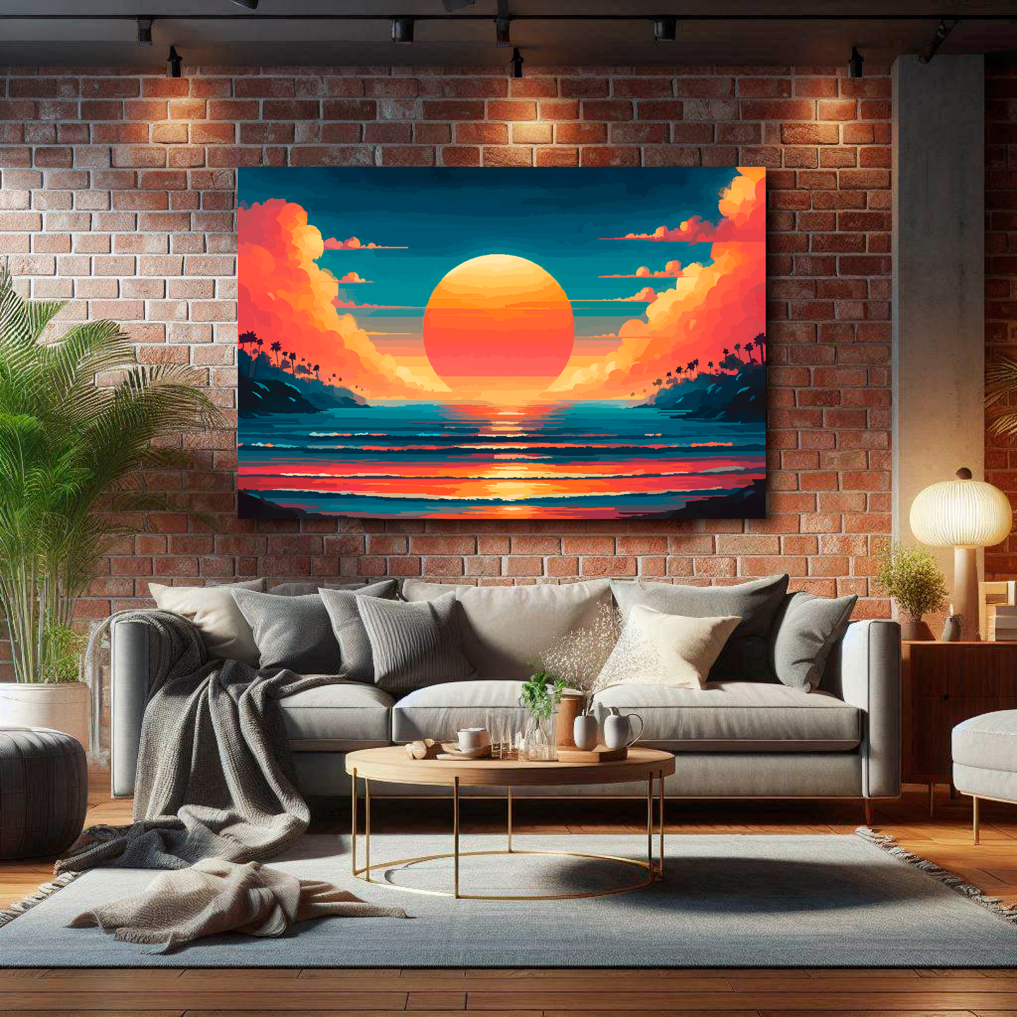 Living room with a gray sofa, coffee table, and a large sunset painting on a brick wall.