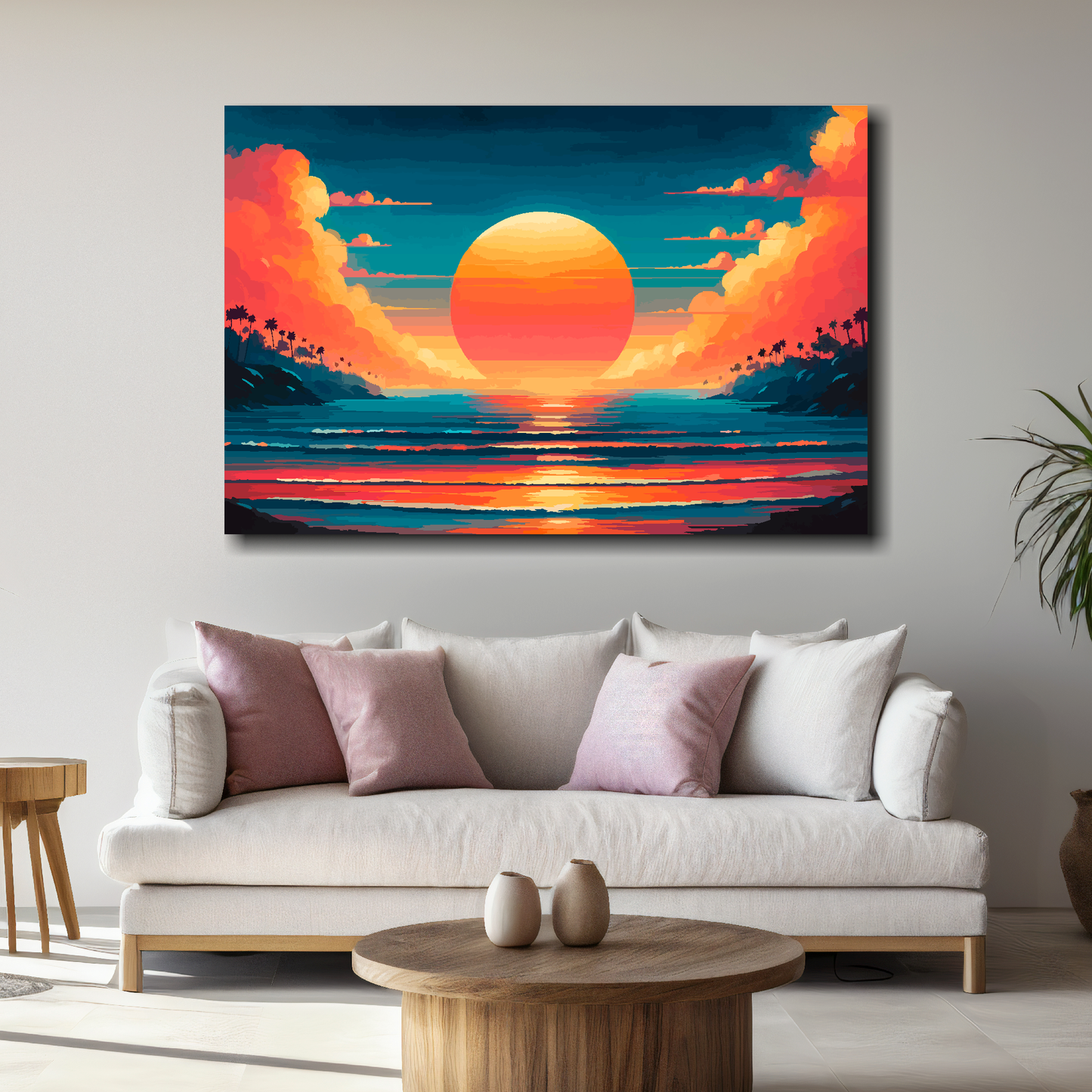 Sunny sunset over water painting on a wall above a white sofa with decorative pillows.