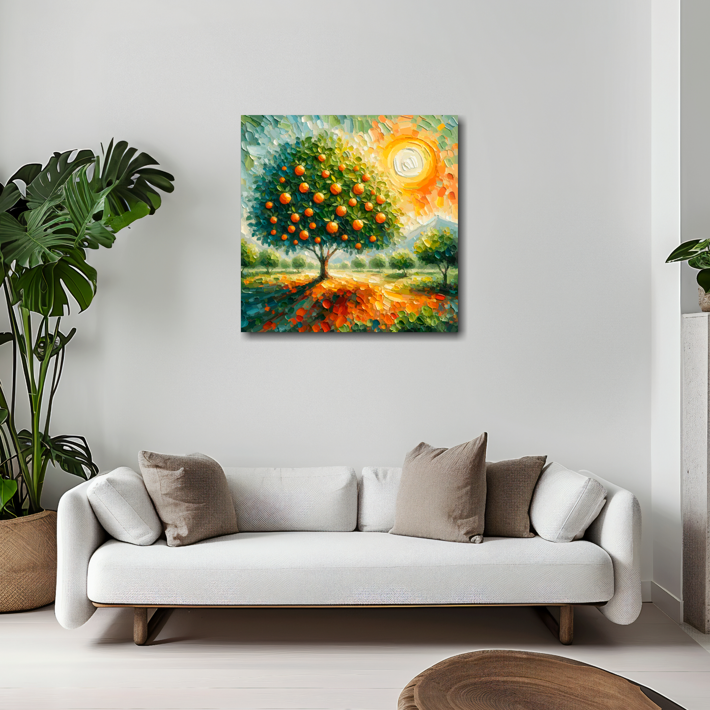 20 inch by 20 inch square canvas featuring a Orange Tree. Mounted on a white wall above a white sofa with decorative pillows.