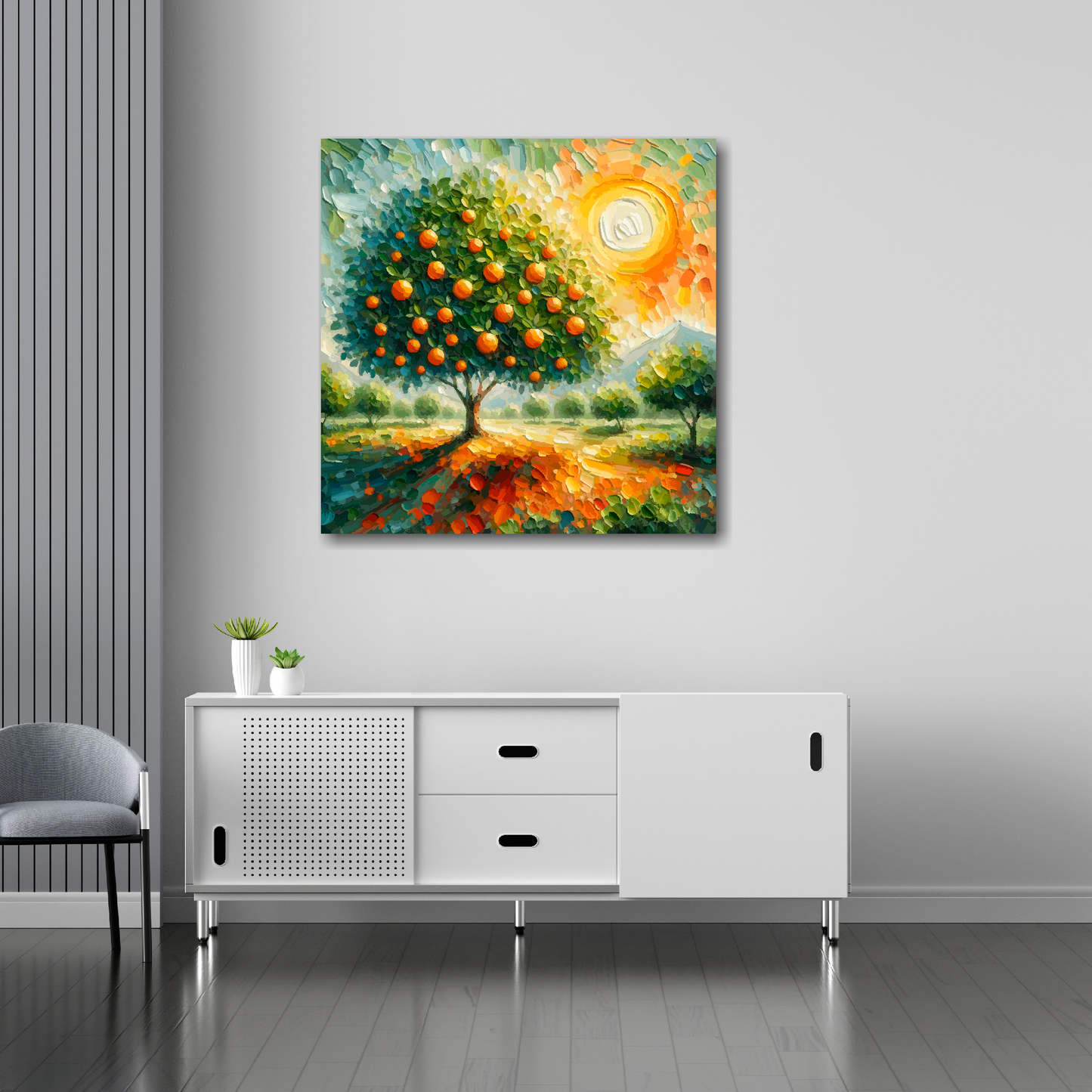 30 inch by 30 inch square canvas featuring a Orange Tree. Mounted on a white wall above a white sideboard.