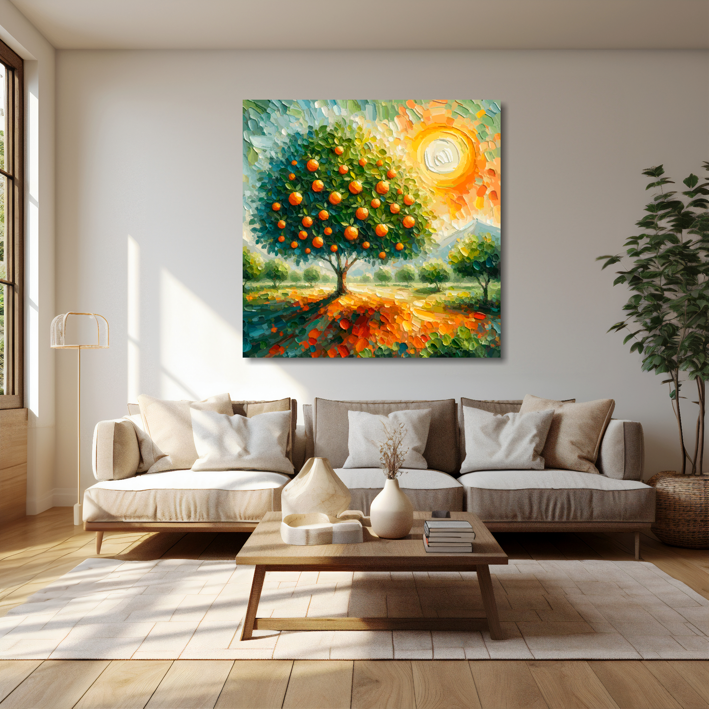 40 inch by 40 inch square canvas featuring a Orange Tree. Mounted on a cream wall above a cream sofa with decorative pillows.