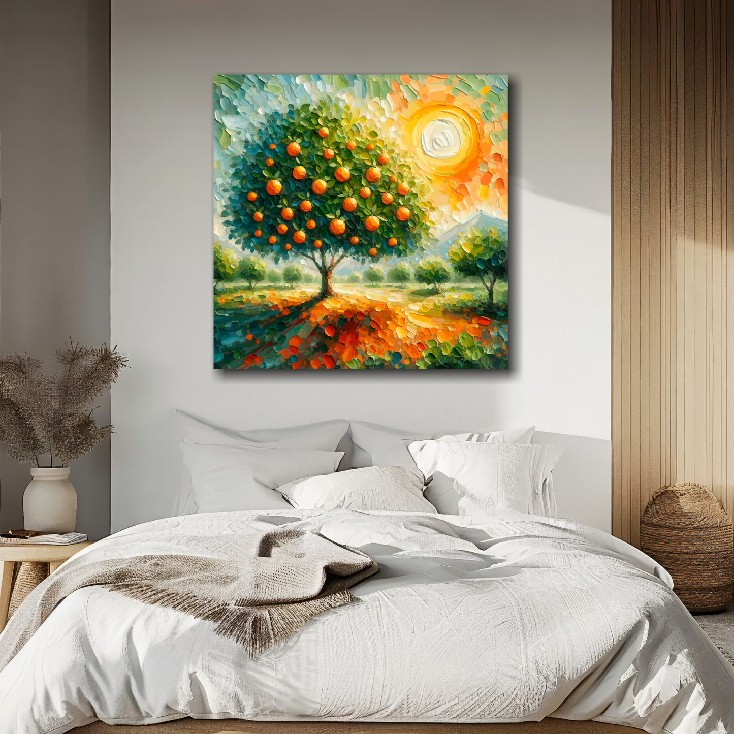 XL square canvas featuring a Orange Tree. Mounted on a white wall above a double bed.