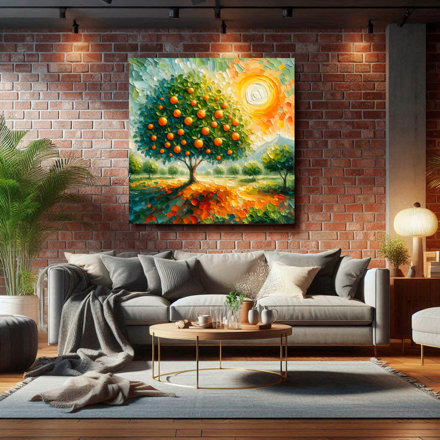 Large square canvas featuring a Orange Tree. Mounted on a brick wall above a grey sofa with decorative pillows.