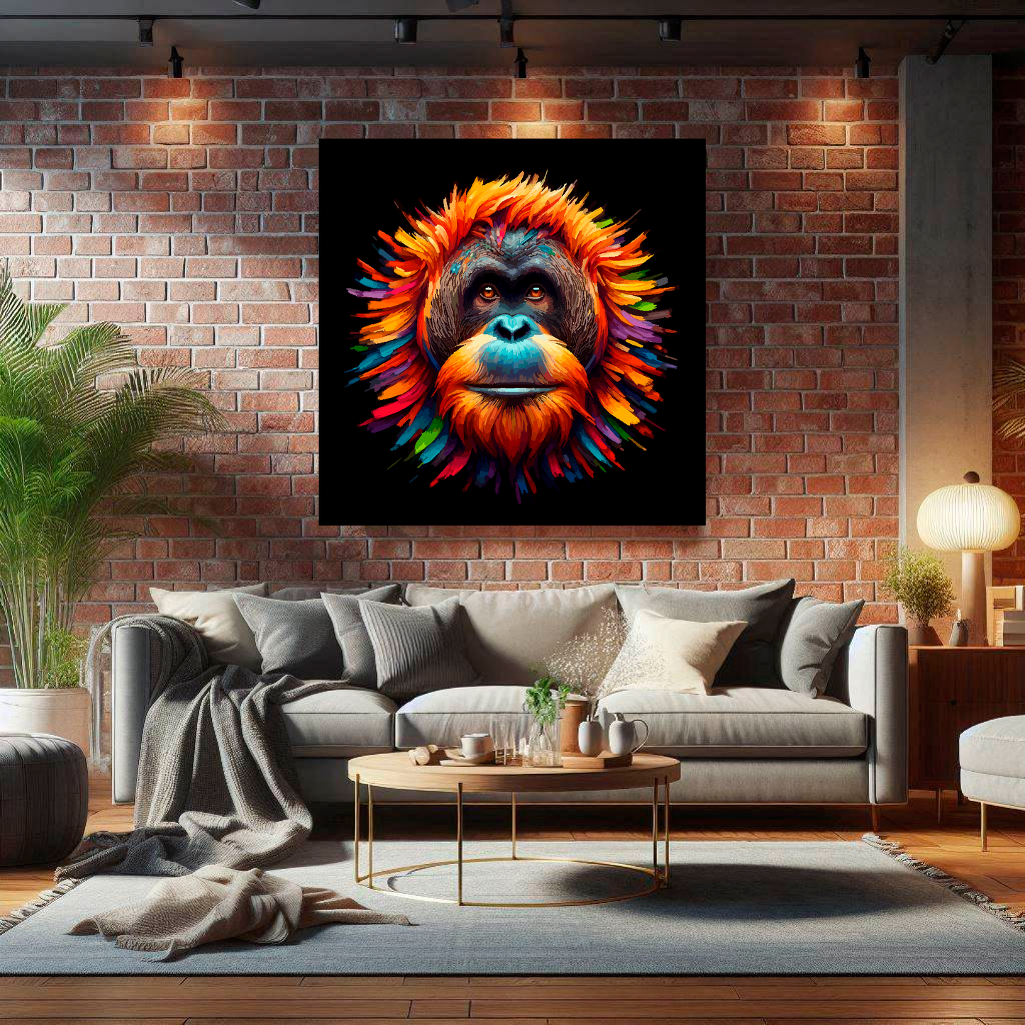 Large canvas wall art - A vibrant multi-coloured head portrait of a Orangutan. Available in 3 large sizes.