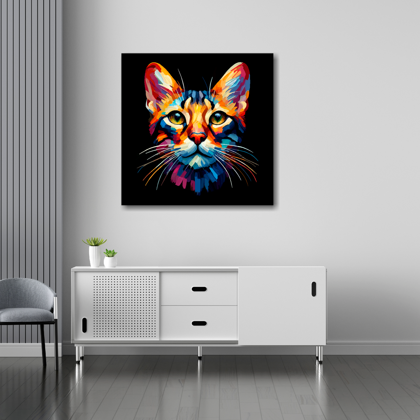 30 inch by 30 inch square canvas of a colourful Oriental cat head portrait on a black background. Mounted on a white wall above a white sideboard.