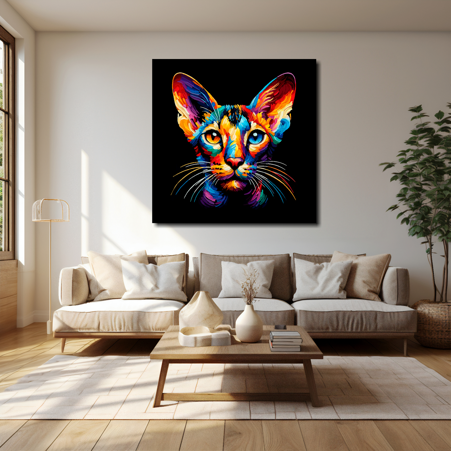 40 inch by 40 inch square canvas of a colourful Oriental shorthair cat head portrait on a black background. Mounted on a white wall above a cream sofa with decorative pillows.