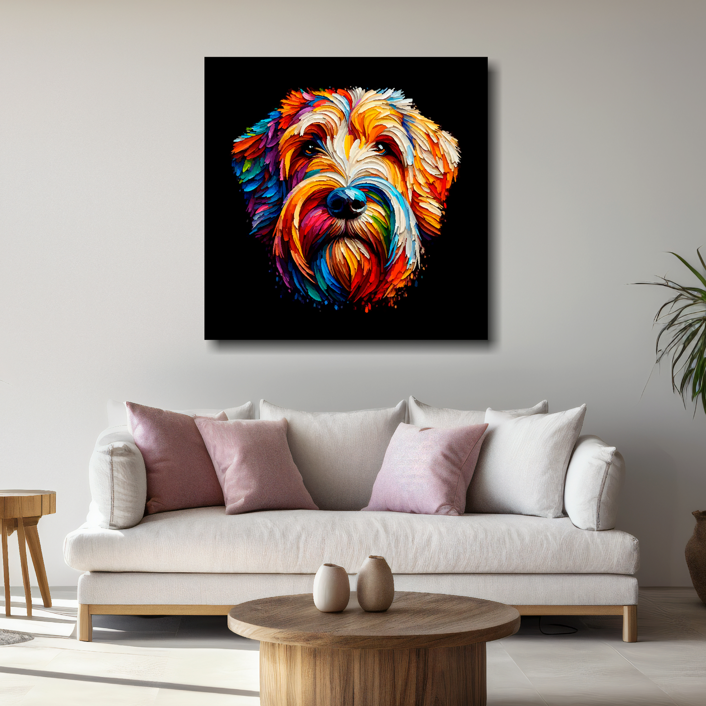 Large canvas wall art - A multi-coloured abstract head portrait of a Otterhound Dog. Available in 3 large sizes.