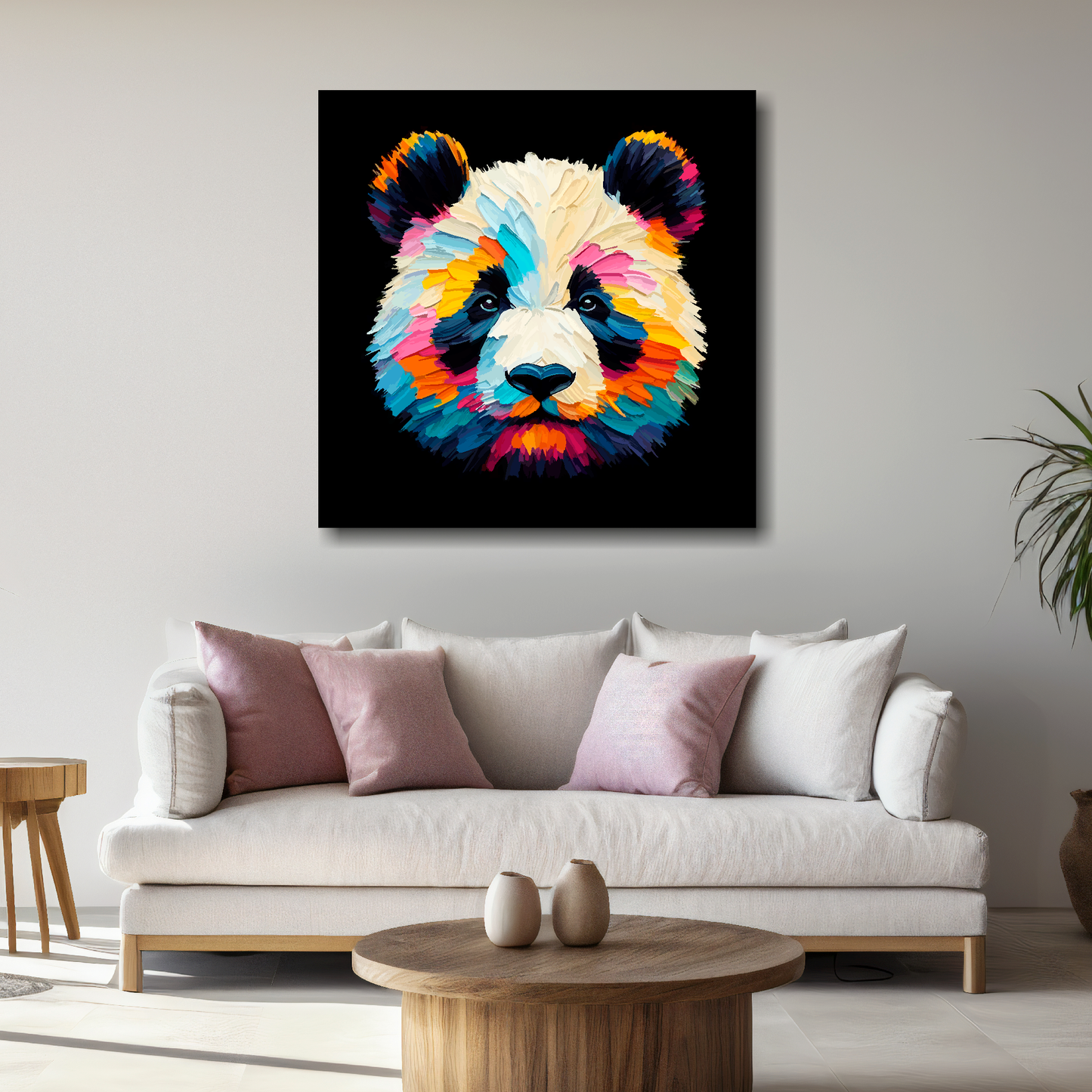 Large canvas wall art - A vibrant multi-coloured head portrait of a Panda. Available in 3 large sizes.