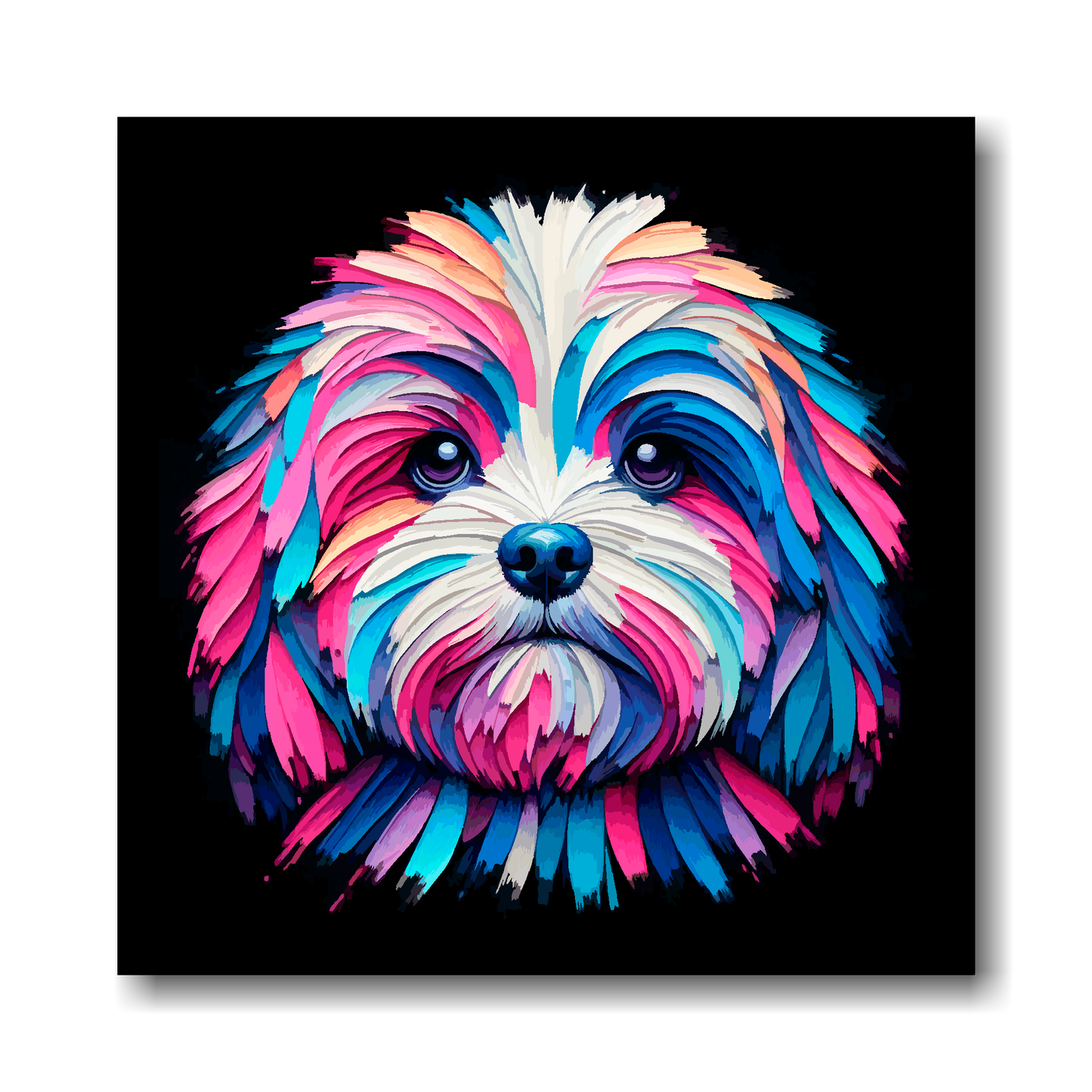 Colourful abstract painting of a Peekapoo dog's face on a black background.