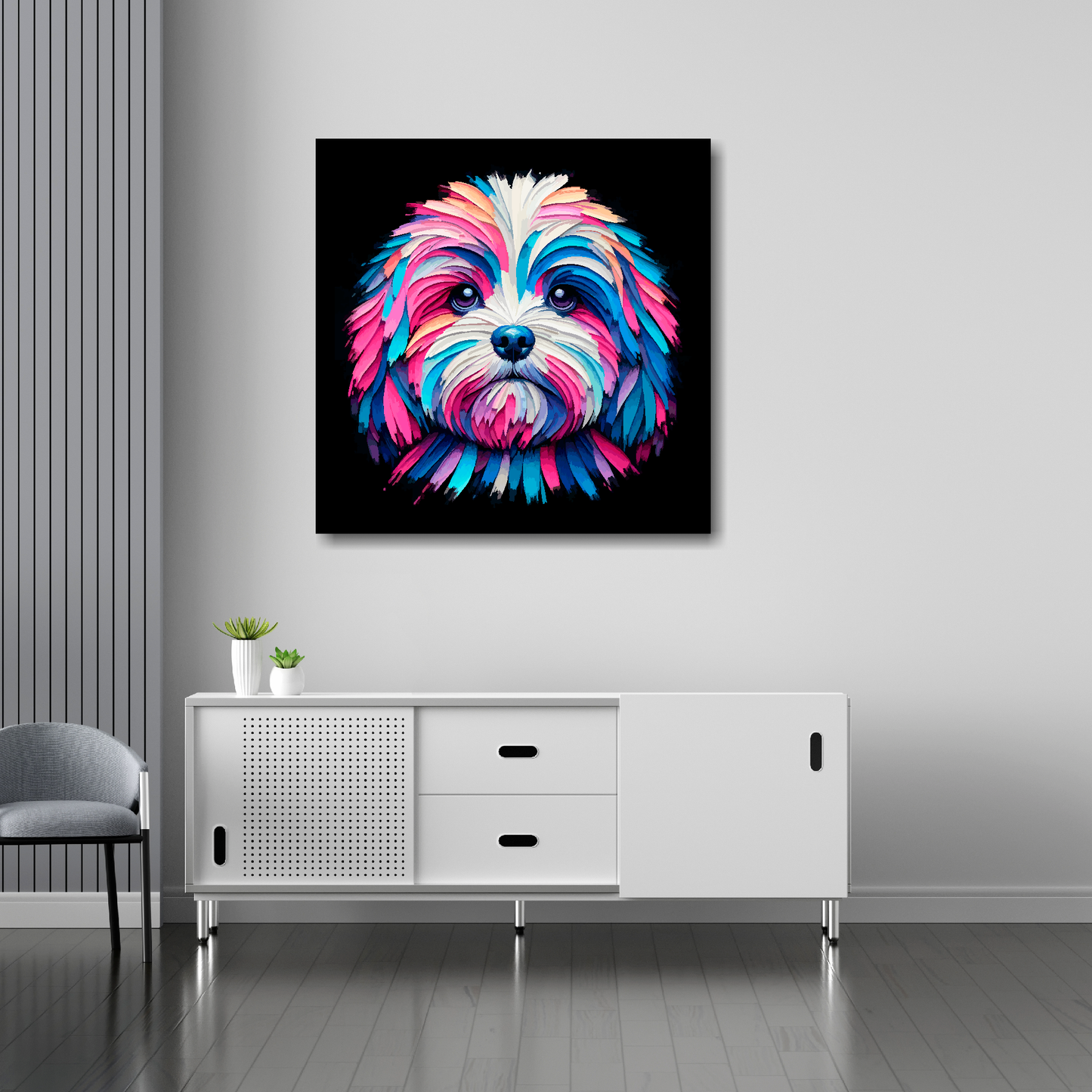 30 inch by 30 inch canvas print featuring a multi-coloured Peekapoo dog portrait. Mounted on a white wall above a white sideboard.