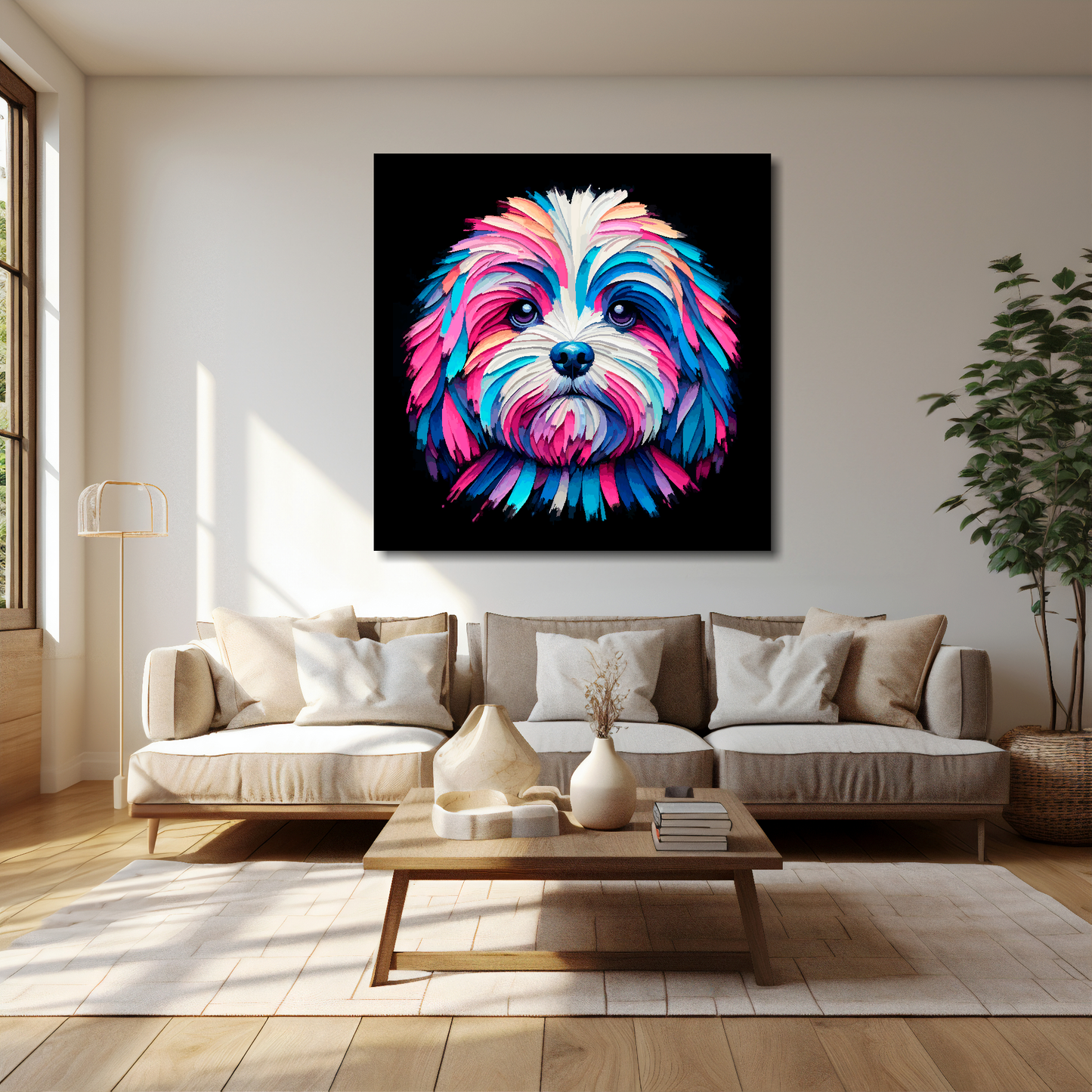 40 inch by 40 inch canvas print featuring a multi-coloured Peekapoo dog portrait. Mounted on a cream wall above a cream sofa with decorative pillows.