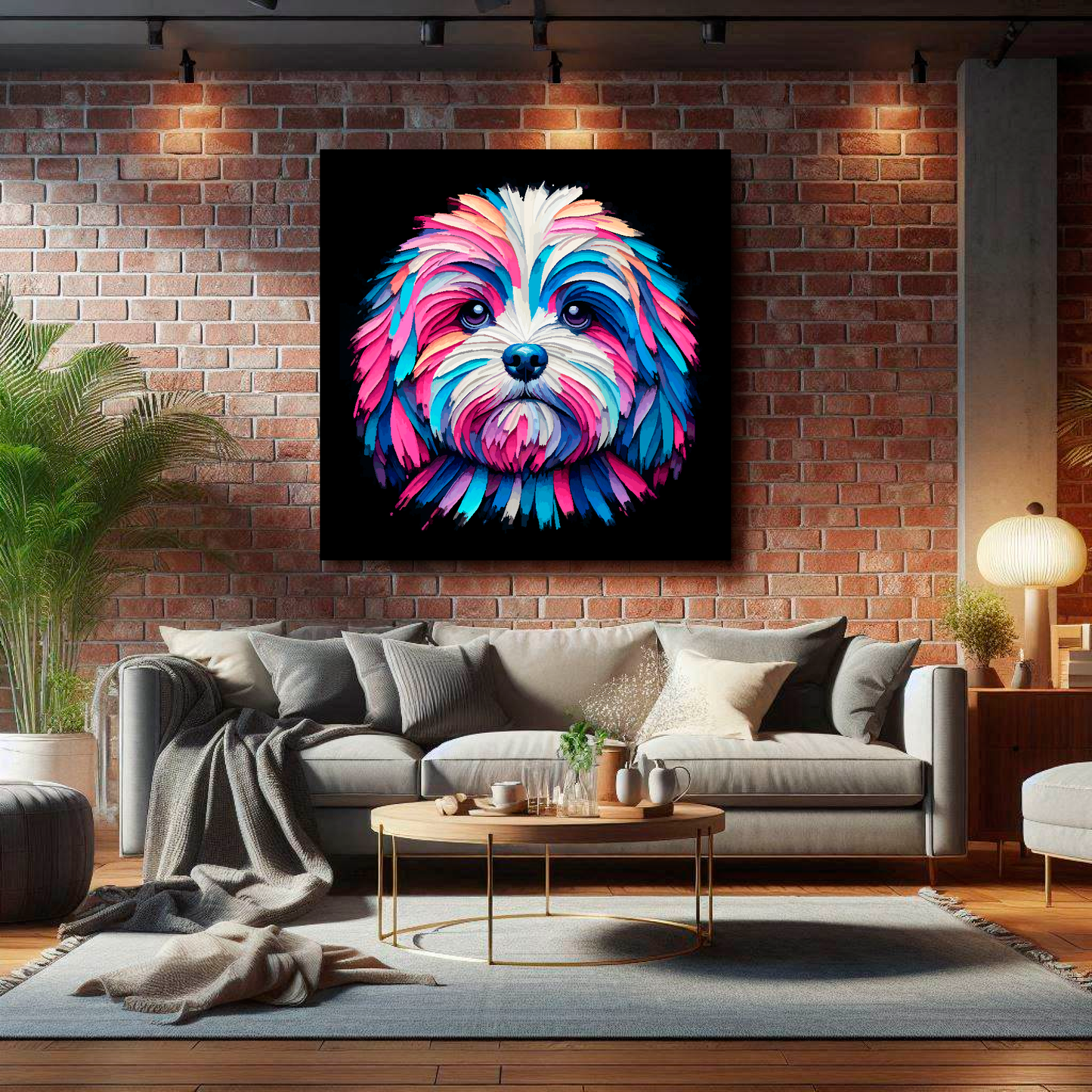 XL canvas print featuring a multi-coloured Peekapoo dog portrait. Mounted on a lounge brick wall above a grey sofa with decorative pillows.