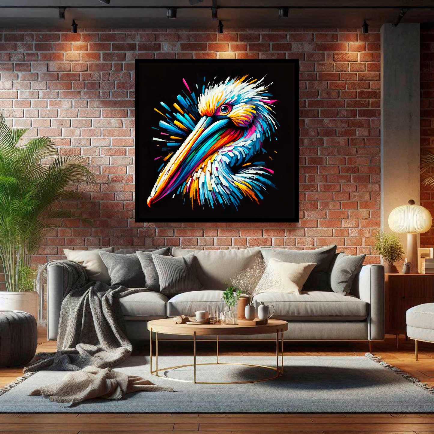 Large canvas wall art - A vibrant multi-coloured head portrait of a Pelican. Available in 3 large sizes.