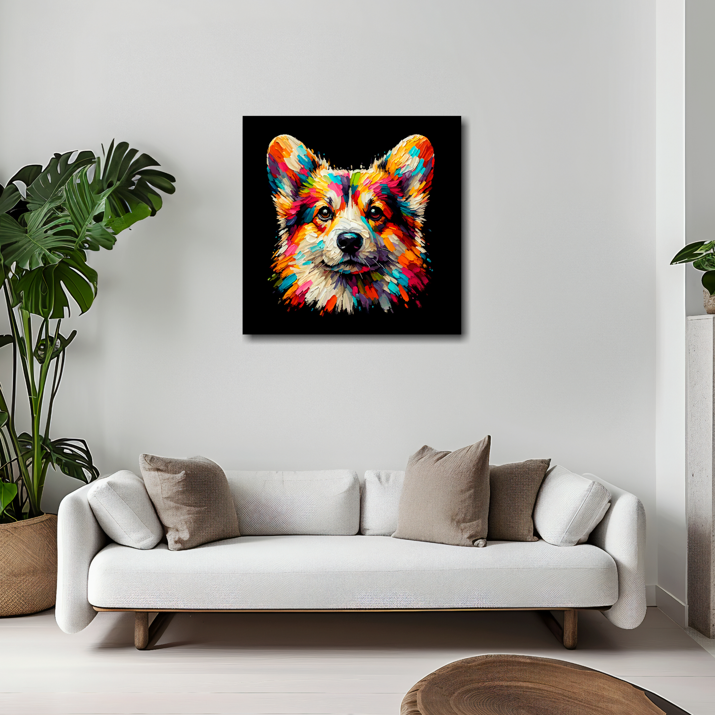 20 inch by 20 inch square canvas featuring a multi-coloured Pembroke Welsh Corgi dog portrait. Mounted on a white wall above a white sofa with decorative pillows.