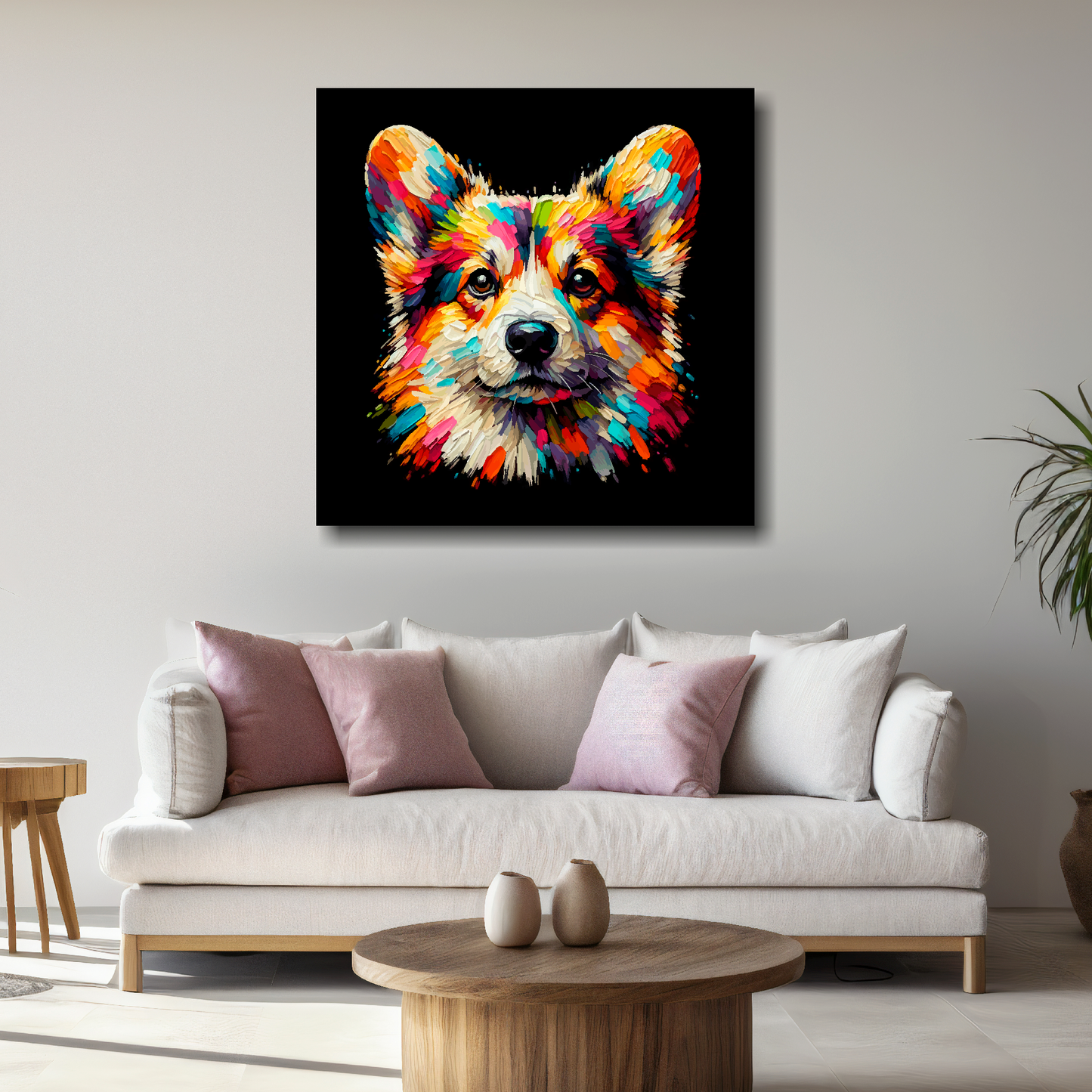 Large canvas featuring a multi-coloured Pembroke Welsh Corgi dog portrait. Mounted on a white wall above a white sofa with decorative pillows.