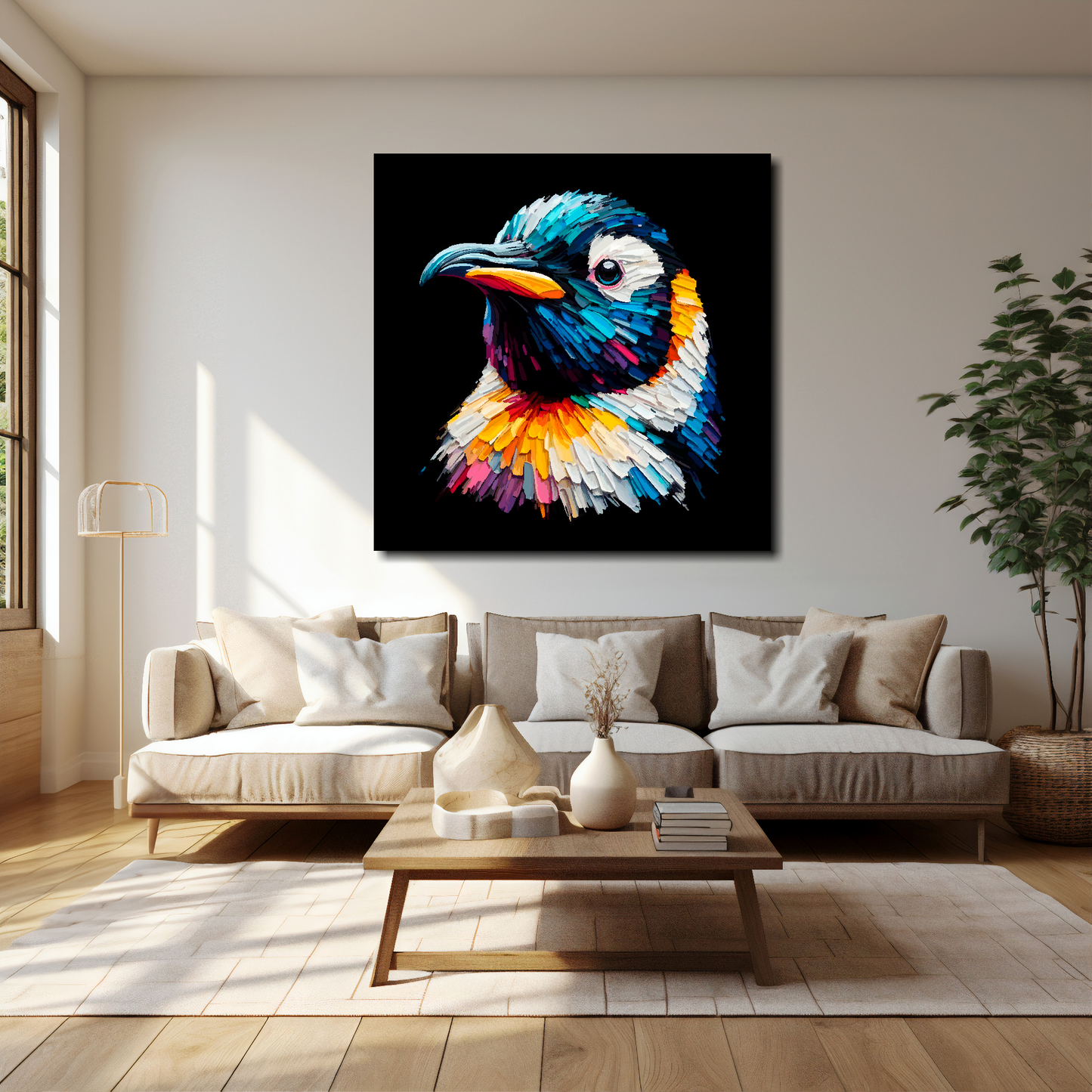 40 inch by 40 inch square canvas of a colourful Penguin portrait on a black background. Mounted on a white wall above a cream sofa with decorative pillows.