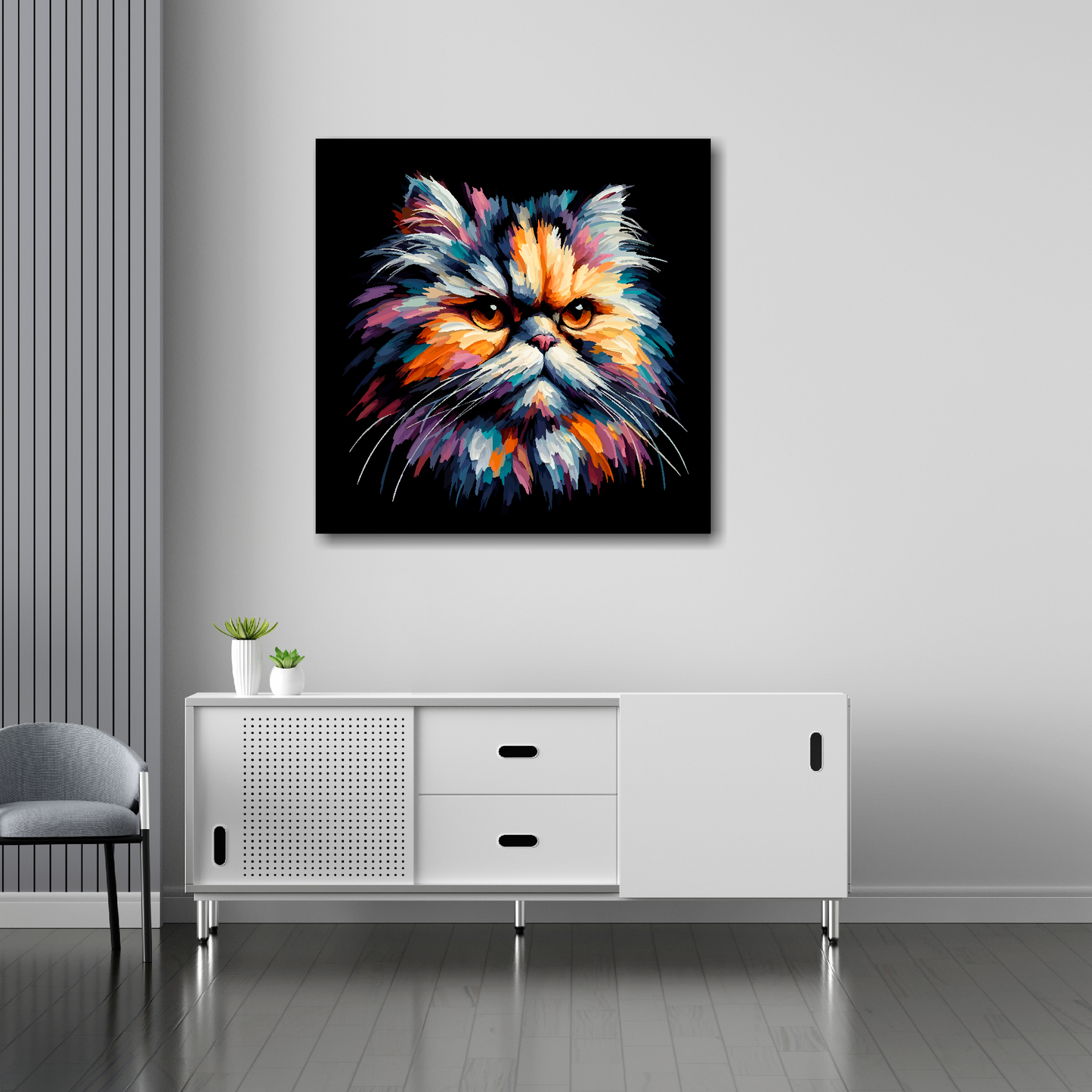 30 inch by 30 inch square canvas of a colourful Persian cat head portrait on a black background. Mounted on a white wall above a white sideboard.