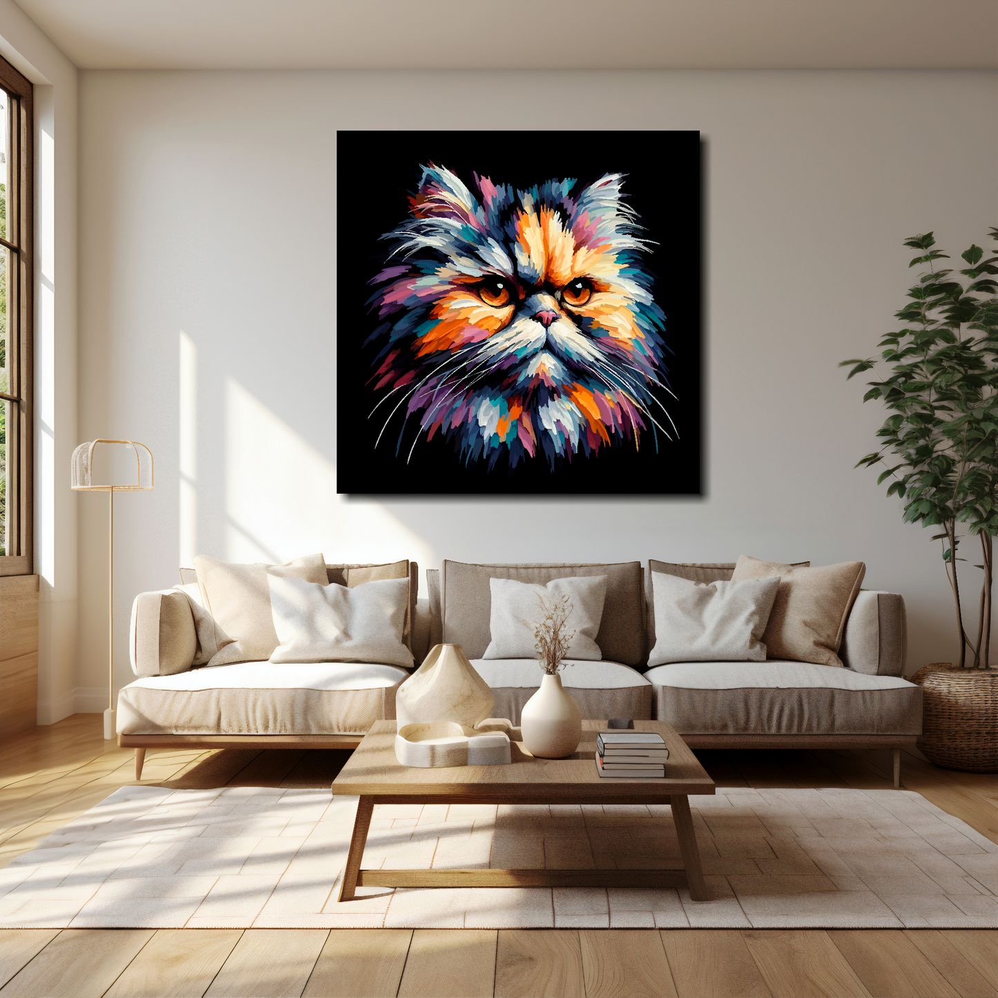 40 inch by 40 inch square canvas of a colourful Persian cat head portrait on a black background. Mounted on a white wall above a cream sofa with decorative pillows.