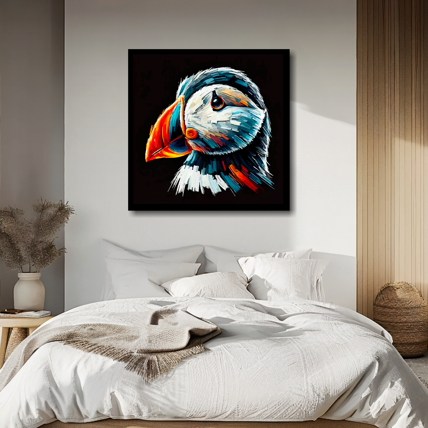 Large canvas wall art - A vibrant multi-coloured head portrait of a Puffin. Available in 3 large sizes.