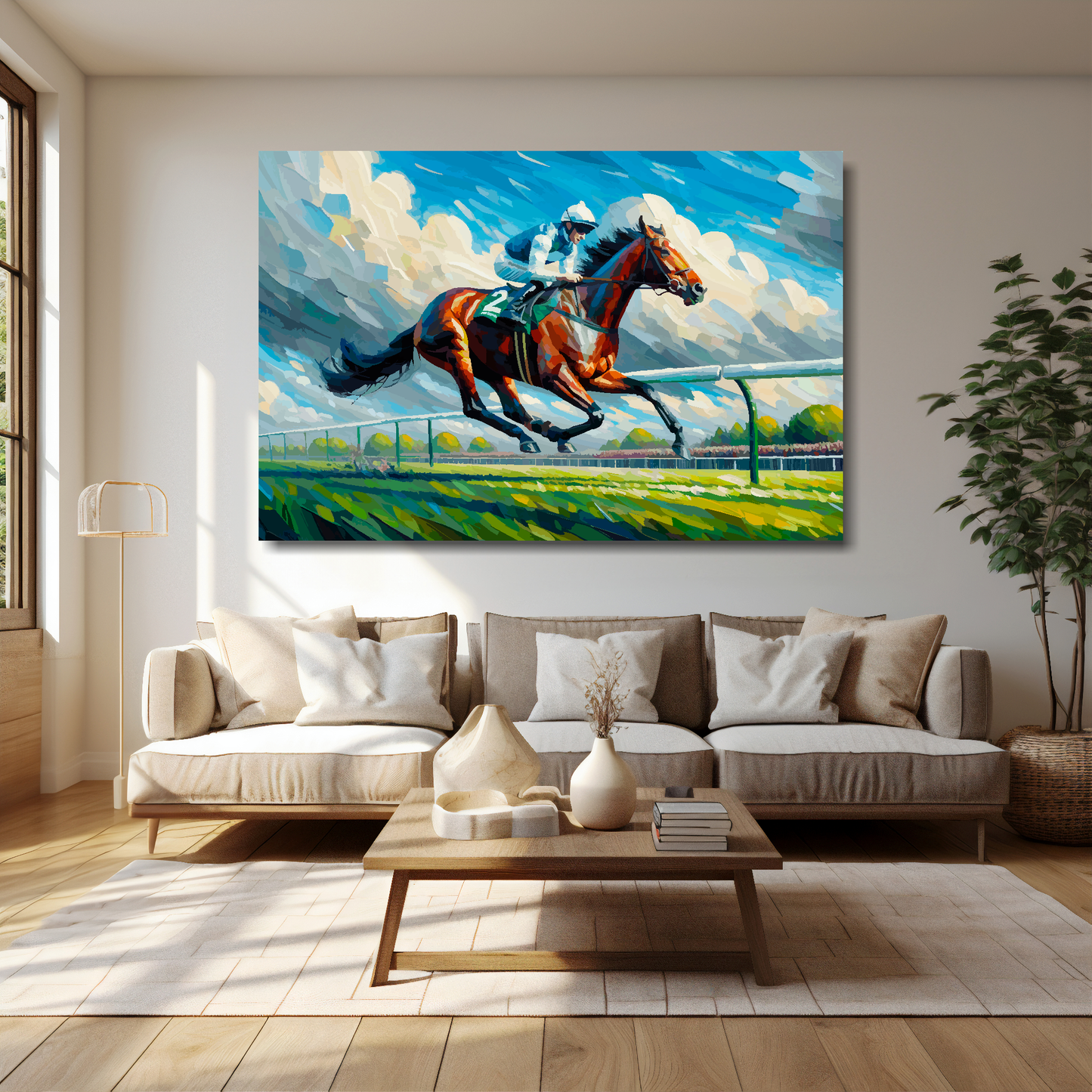 60 inch by 40 inch abstract canvas print of a Race Horse. Mounted on a cream wall above a cream sofa with decorative pillows.