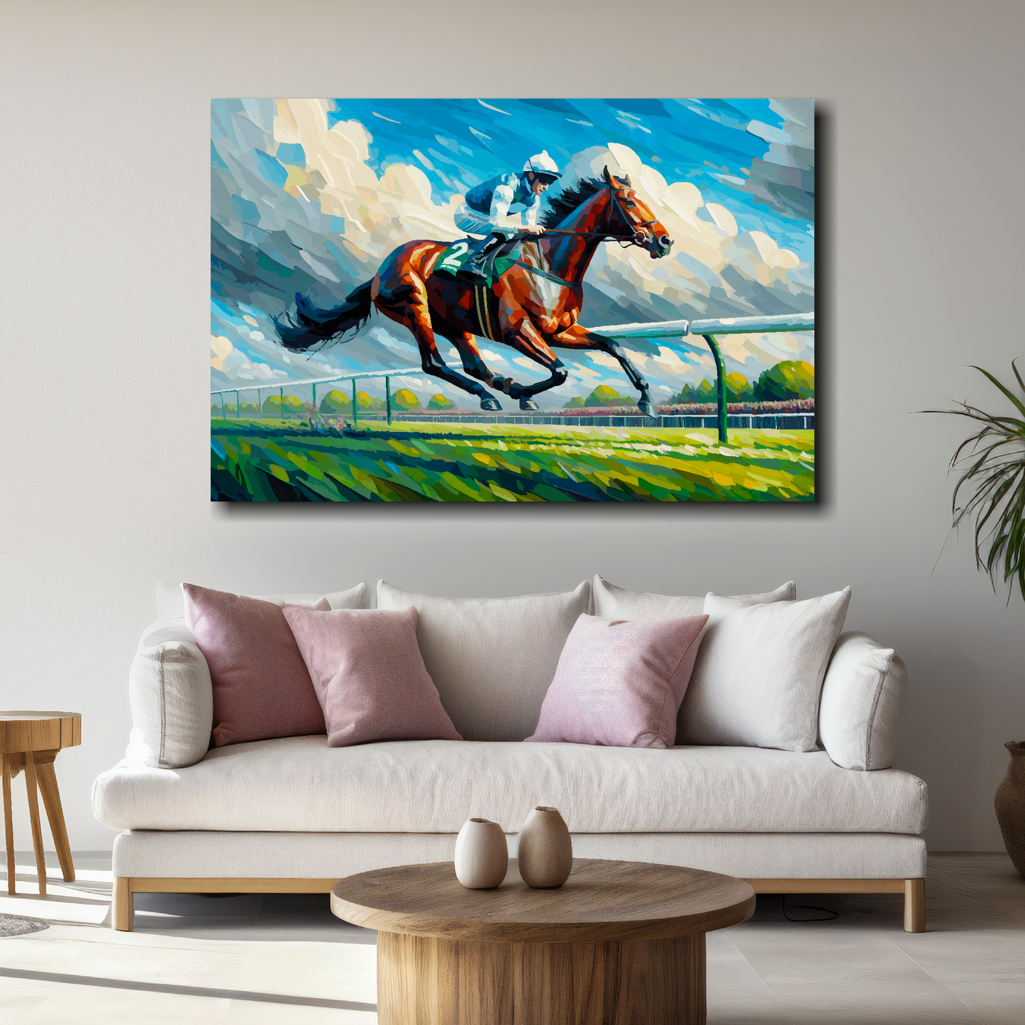 Large canvas wall art - A vibrant multi-coloured painting of a Race Horse galloping. Available in 3 large sizes.