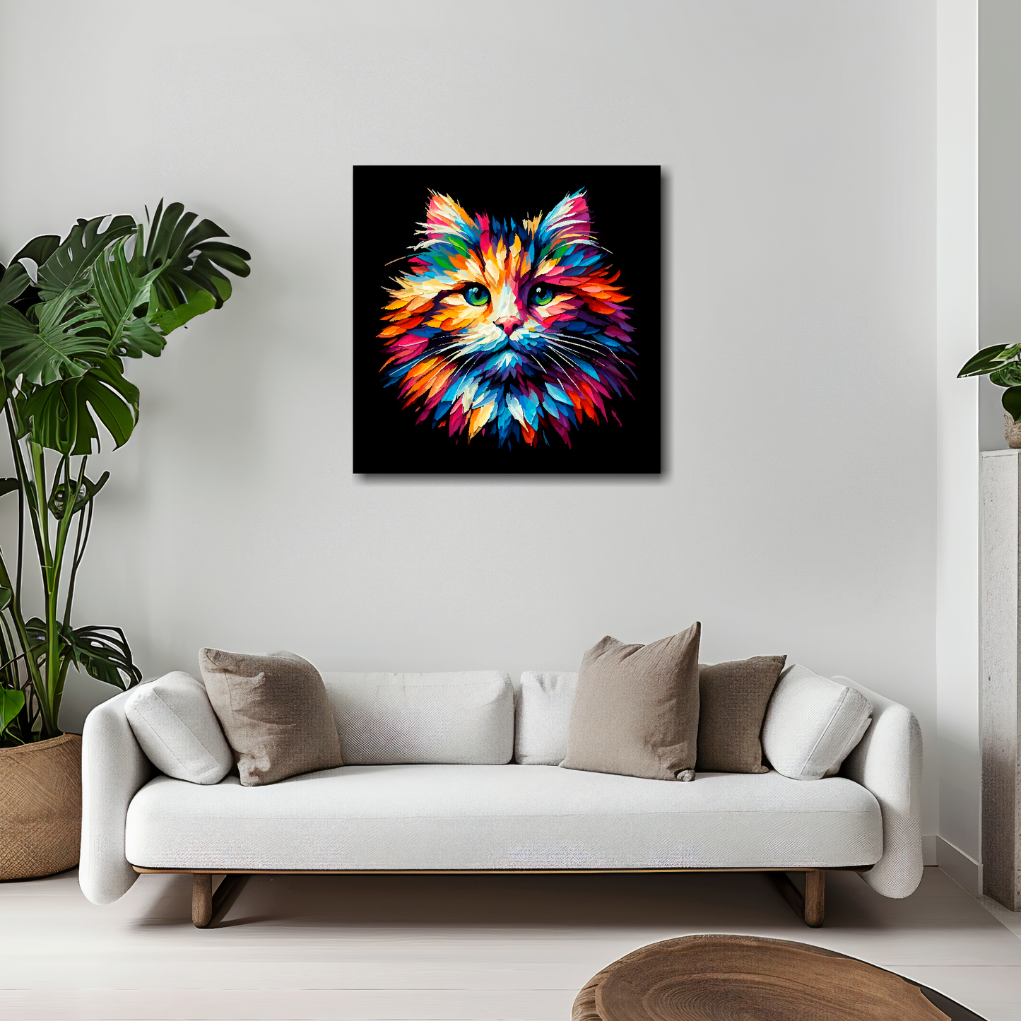 20 inch by 20 inch square canvas of a colourful Ragamuffin cat head portrait on a black background. Mounted on a white wall above a white sofa with decorative pillows.