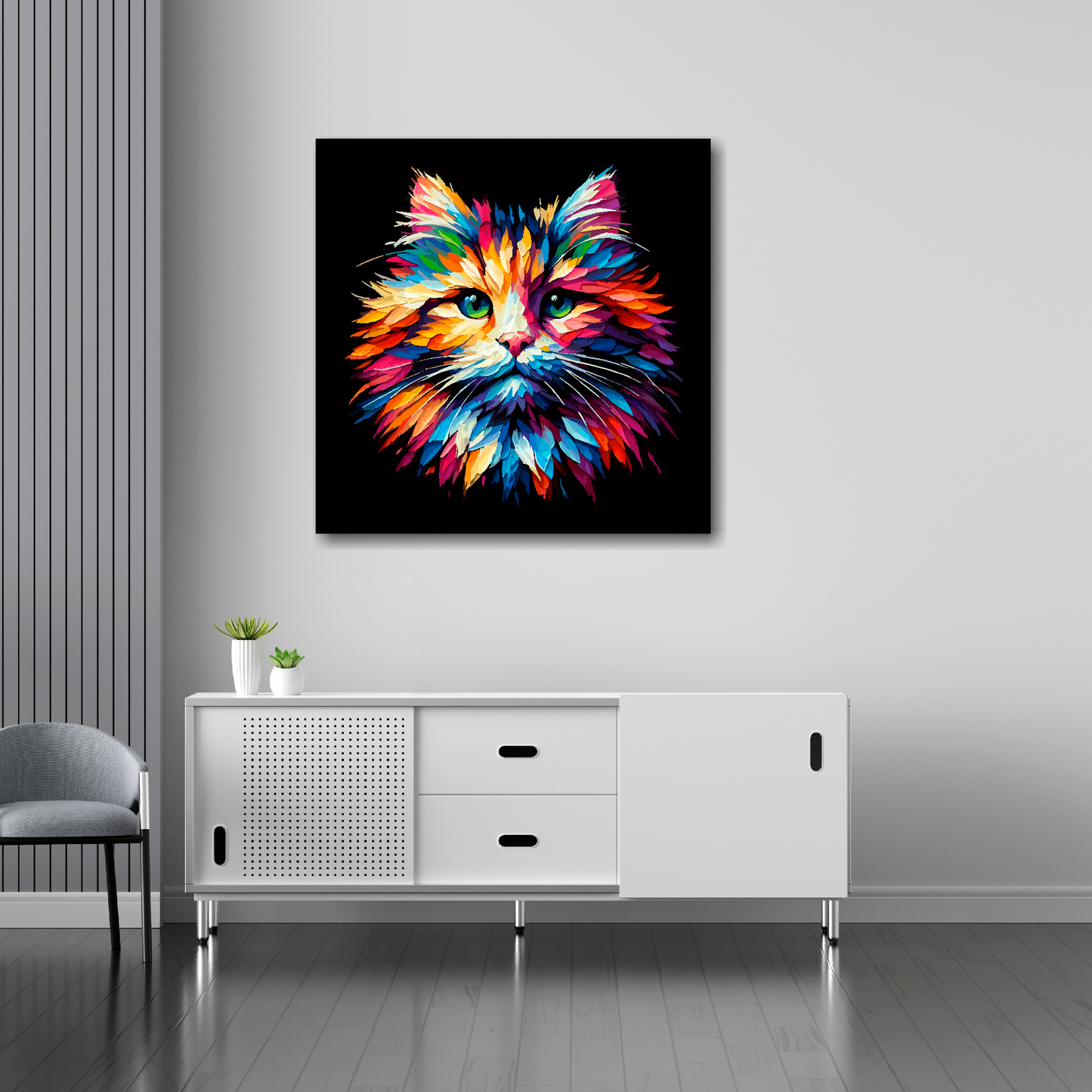 30 inch by 30 inch square canvas of a colourful Ragamuffin cat head portrait on a black background. Mounted on a white wall above a white sideboard.