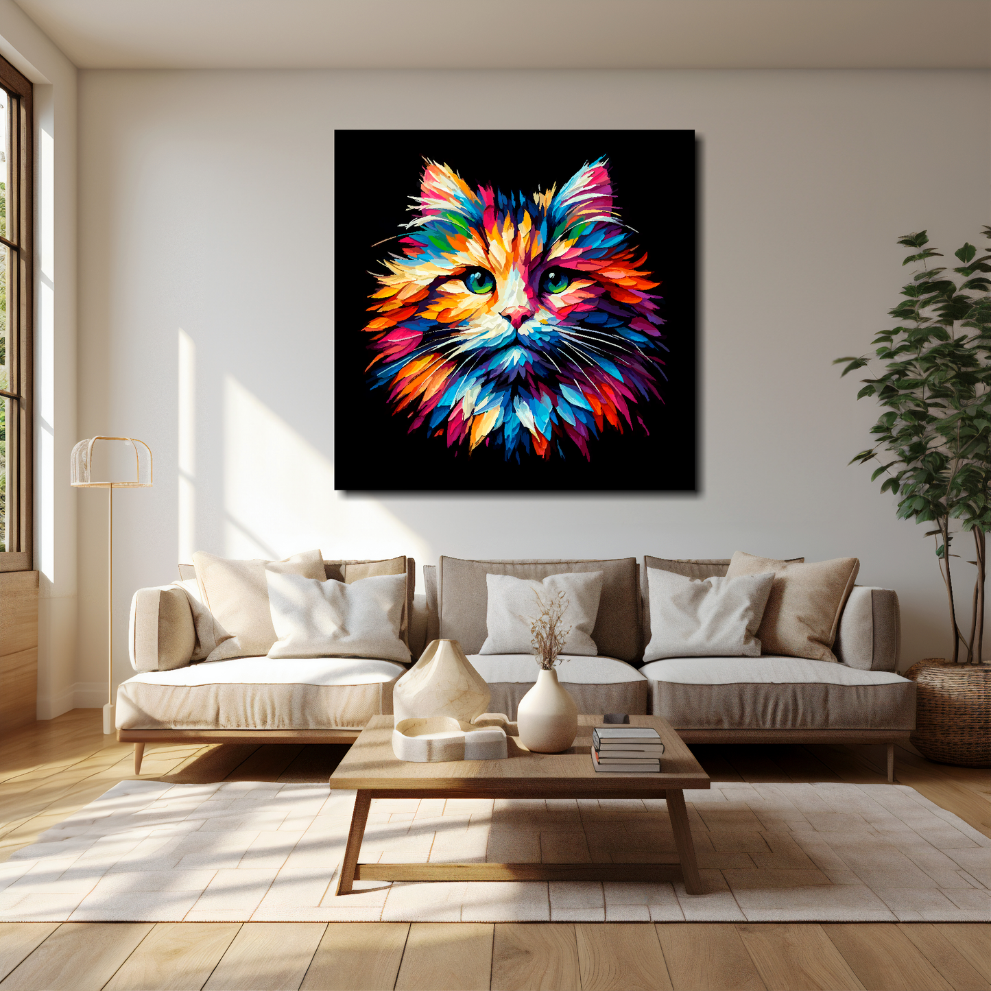 40 inch by 40 inch square canvas of a colourful Ragamuffin cat head portrait on a black background. Mounted on a white wall above a cream sofa with decorative pillows.