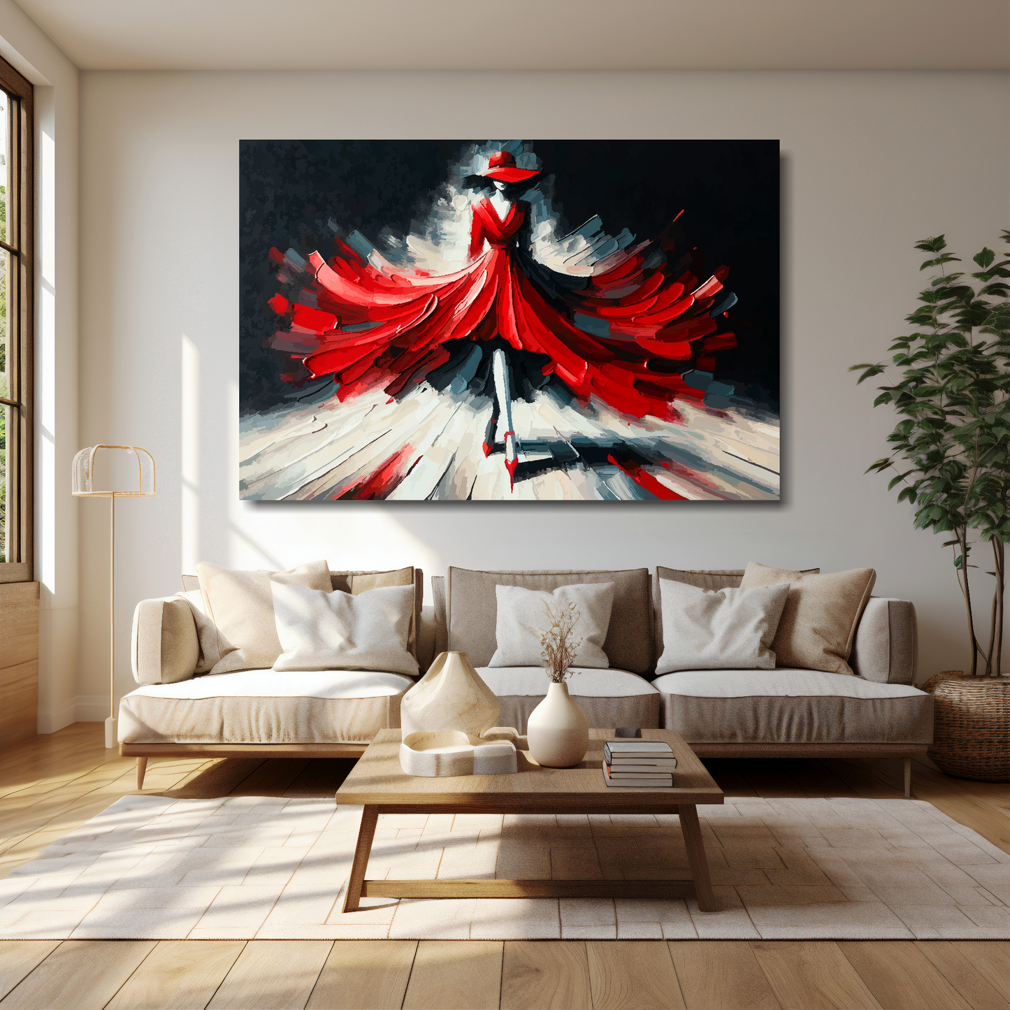60 inch by 40 inch abstract canvas print of a woman wearing a red fashion dress. Mounted on a cream wall above a cream sofa with decorative pillows.