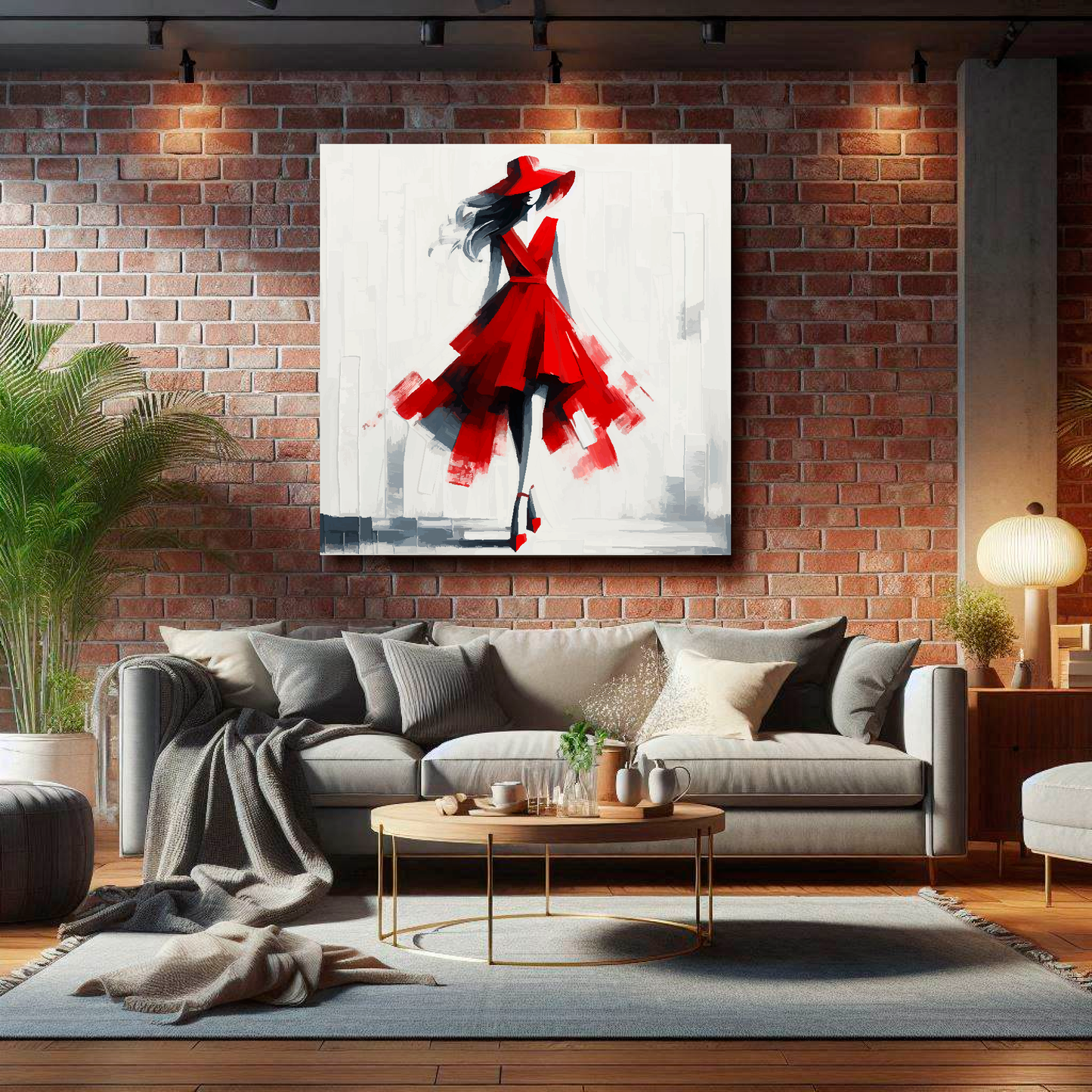 Large square canvas featuring a red Ascot fashion dress. Mounted on a brick wall above a grey sofa with decorative pillows.