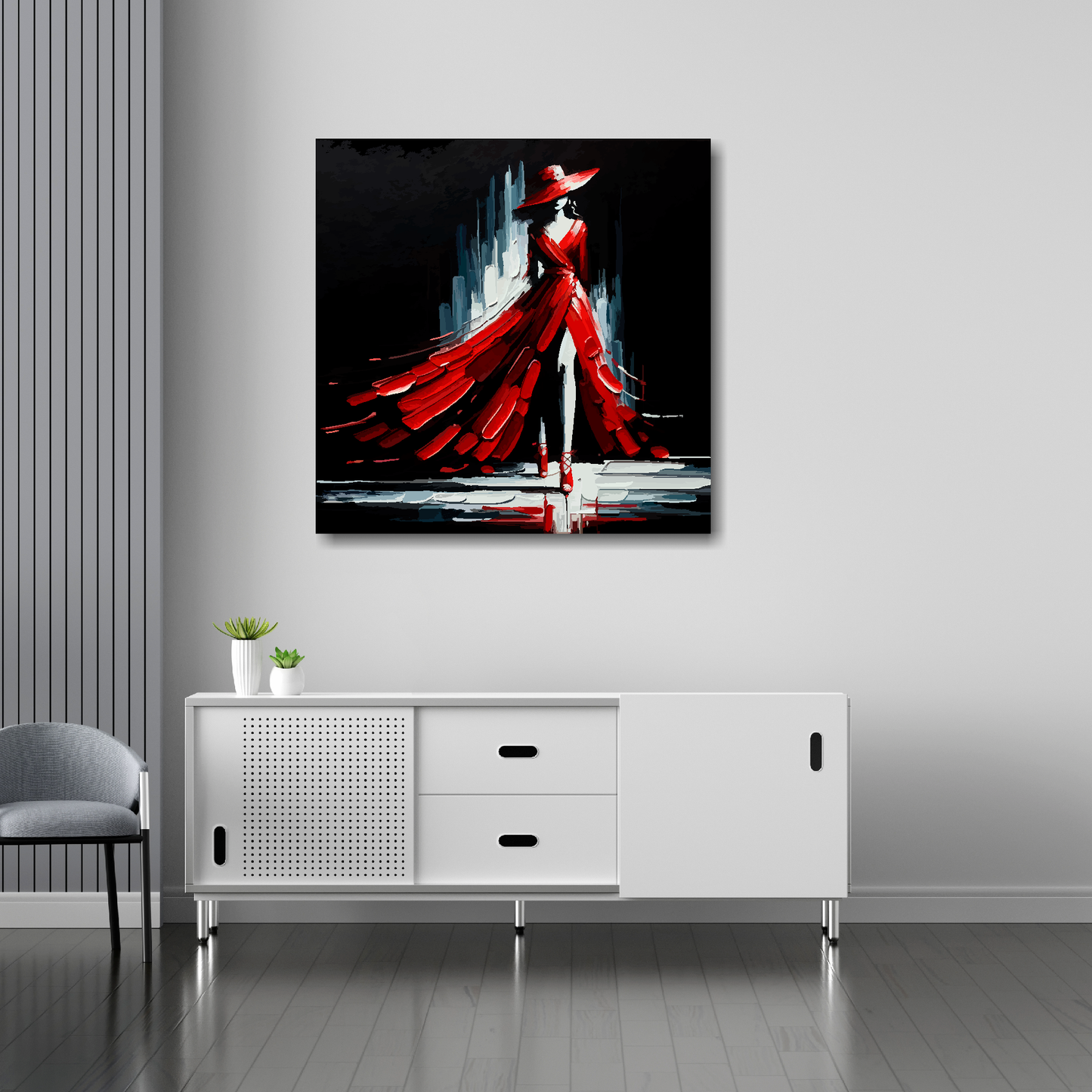 30 inch by 30 inch square canvas featuring a red fashion dress. Mounted on a white wall above a white sideboard.
