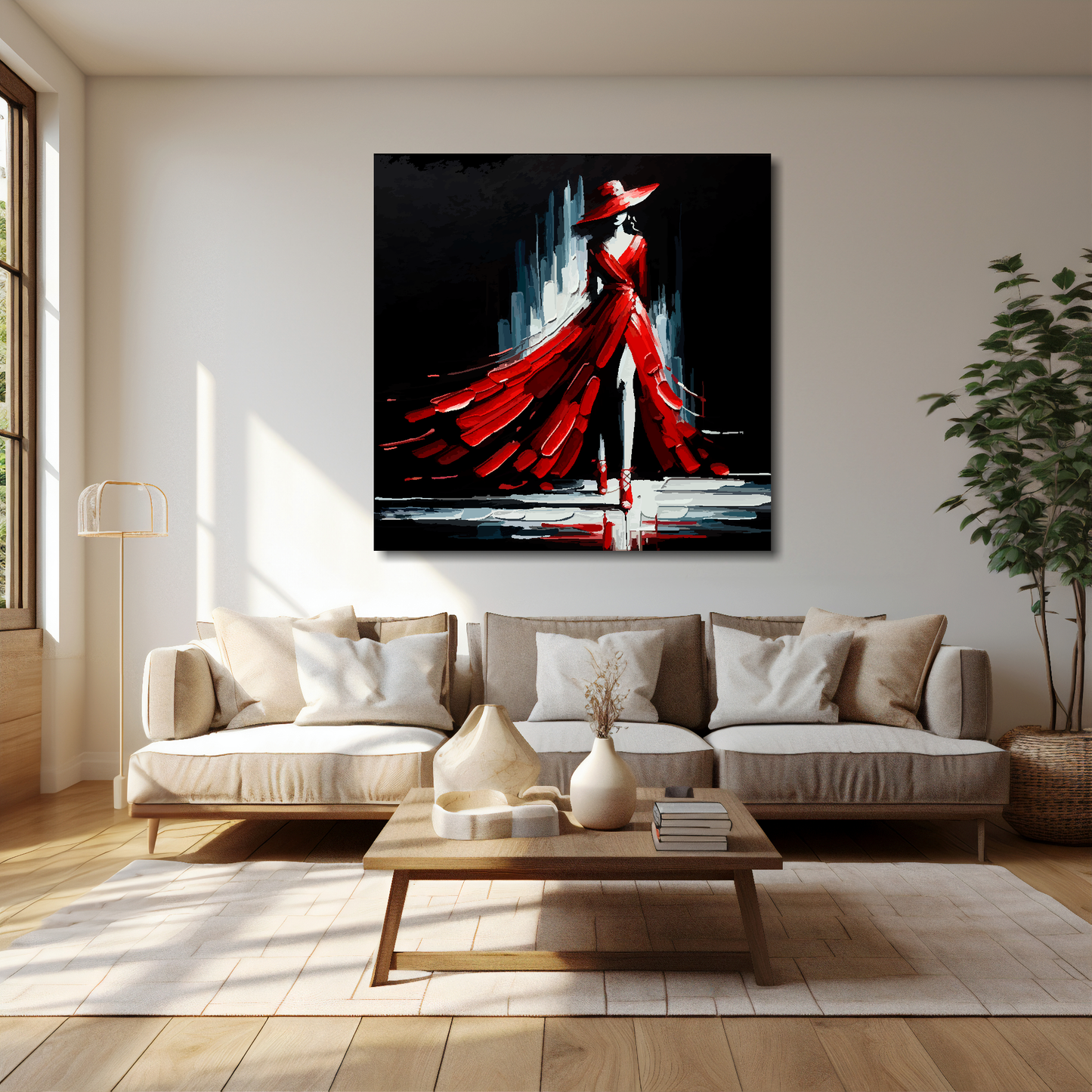 40 inch by 40 inch square canvas featuring a red fashion dress. Mounted on a cream wall above a cream sofa with decorative pillows.