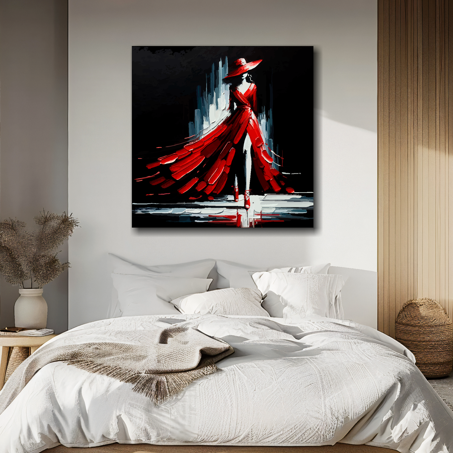 XL square canvas featuring a red fashion dress. Mounted on a white wall above a double bed.