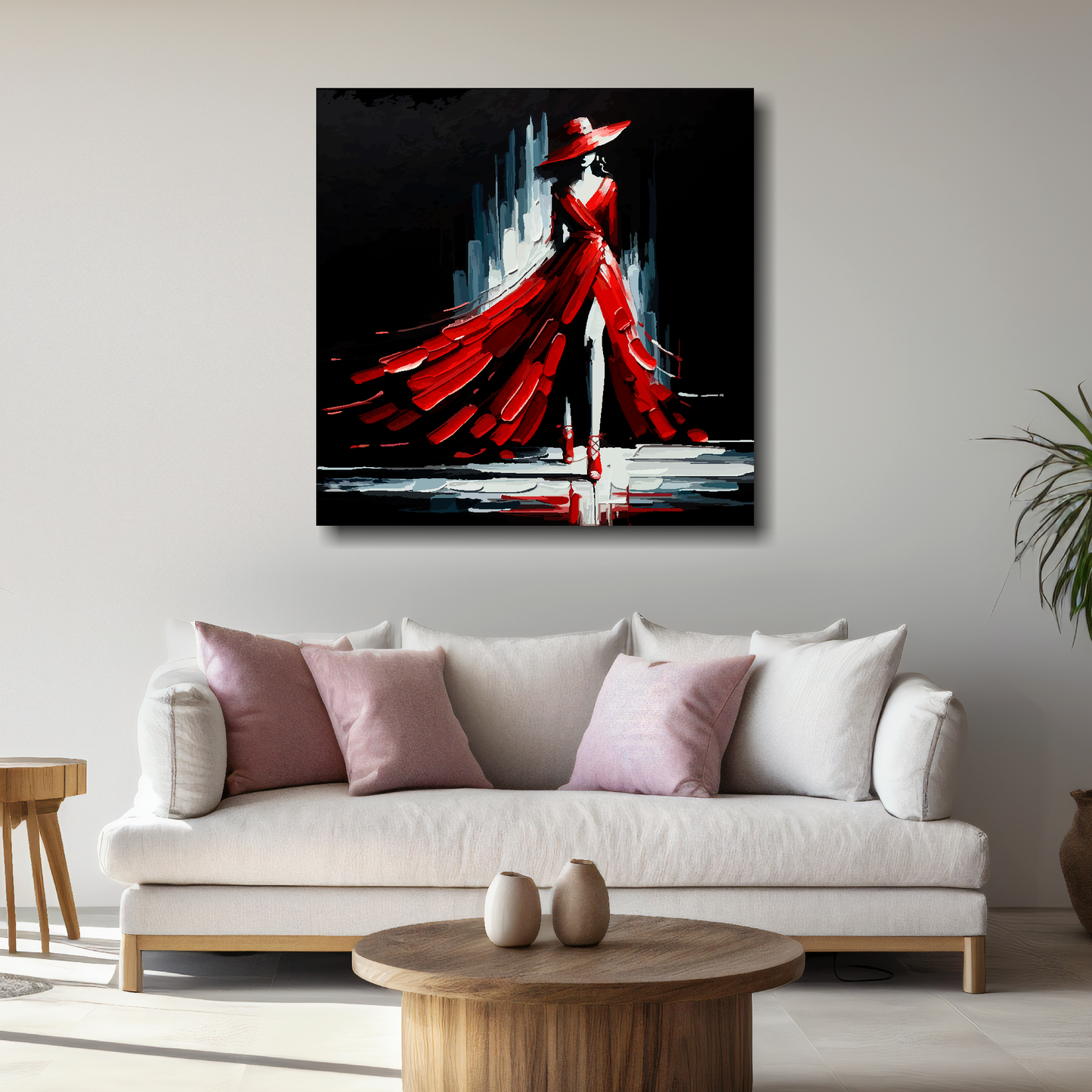 Square XL canvas featuring a red fashion dress. Mounted on a white wall above a white sofa with decorative pillows.