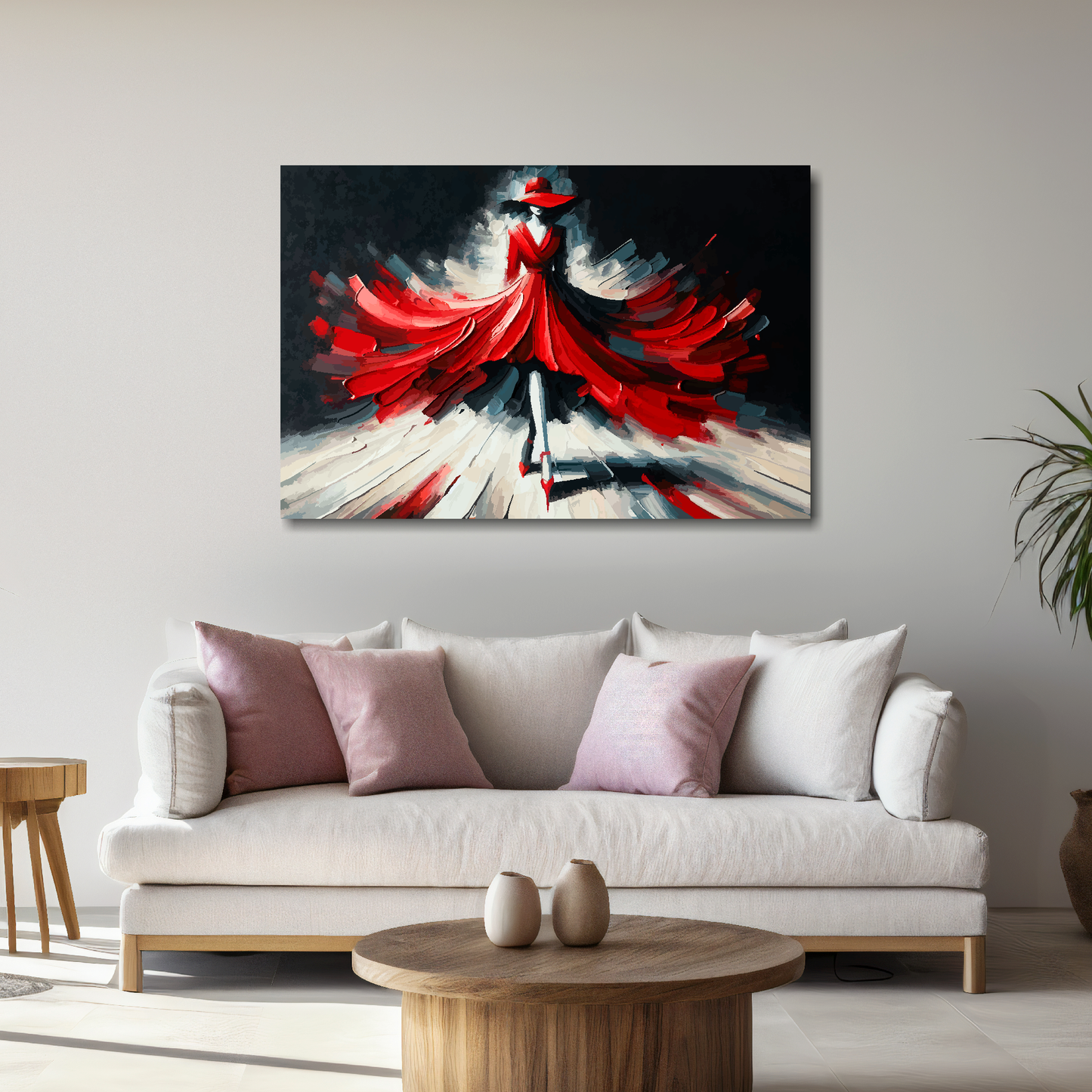 Large canvas wall art - A minimalist painting of red flowing fashion dress. Available in 3 large sizes.