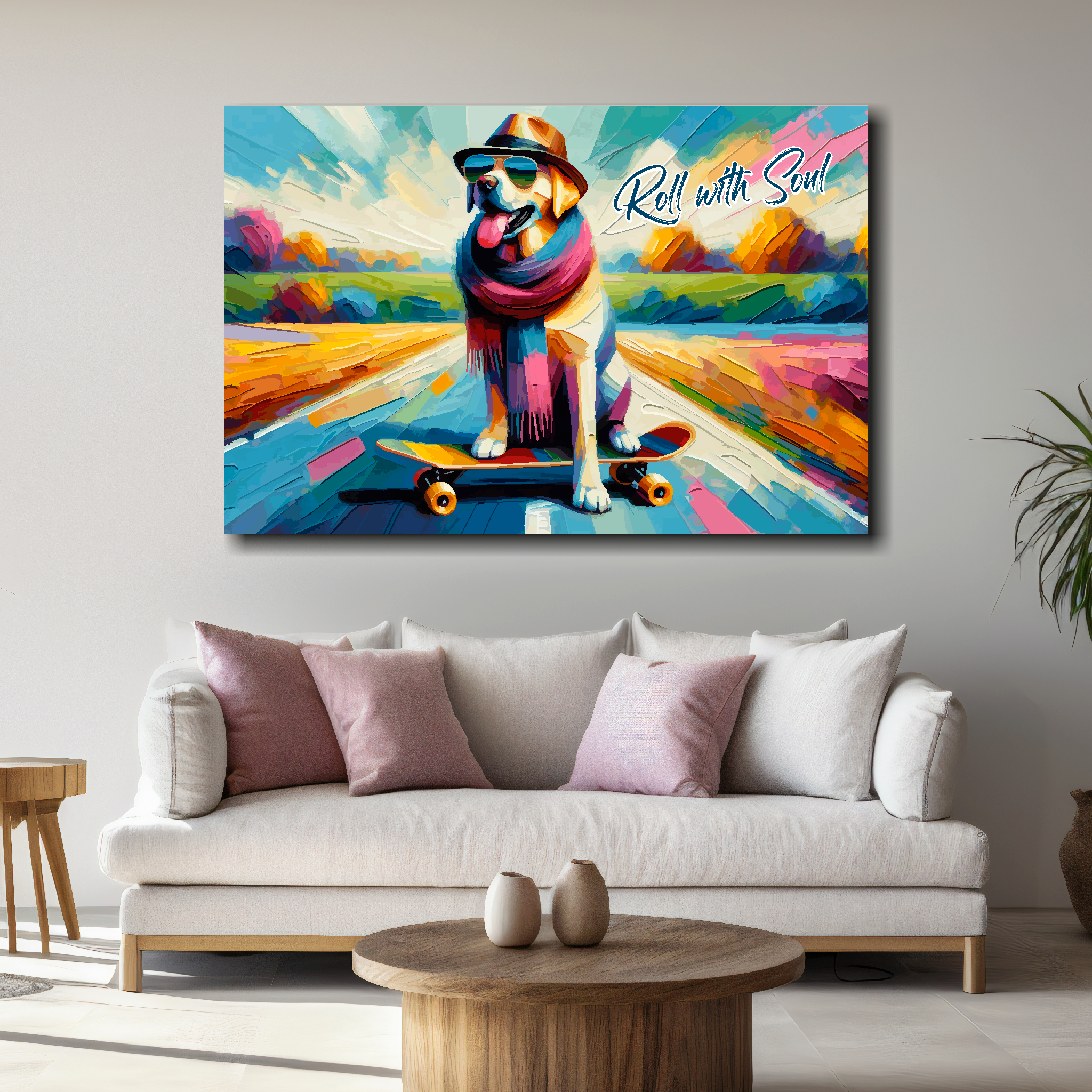 Colourful painting of a dog on a skateboard with 'Roll with Soul' text above a living room.