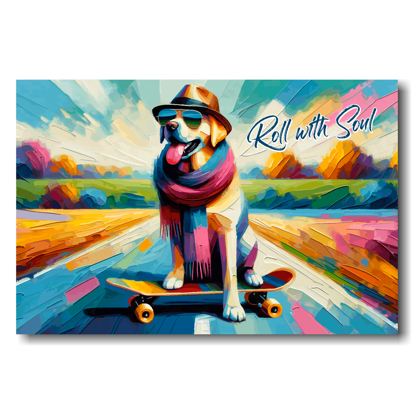 Colourful painting of a dog on a skateboard with 'Roll with Soul' text