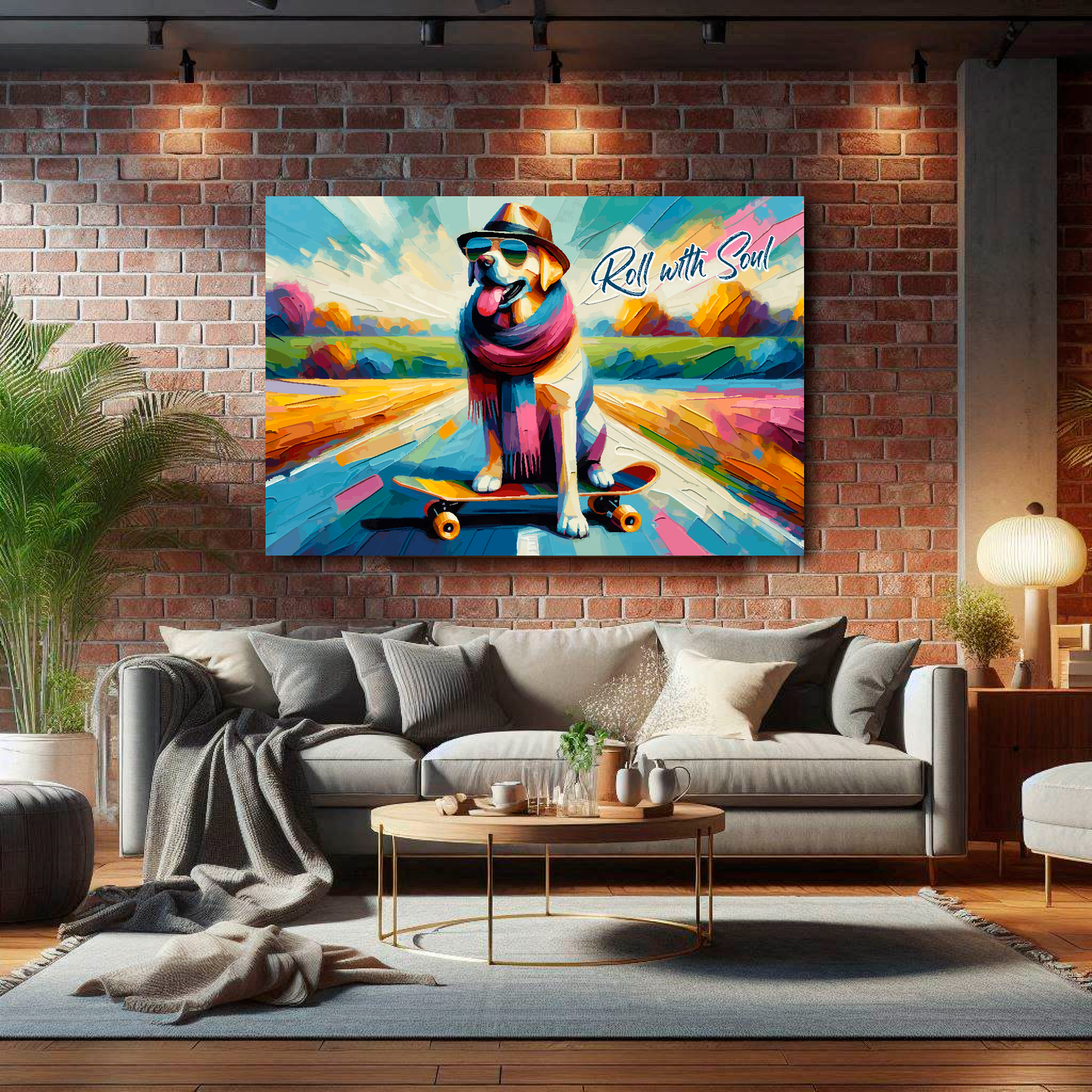 Colorful painting of a dog on a skateboard with 'Roll with Soul' text, hanging above a gray sofa in a living room.