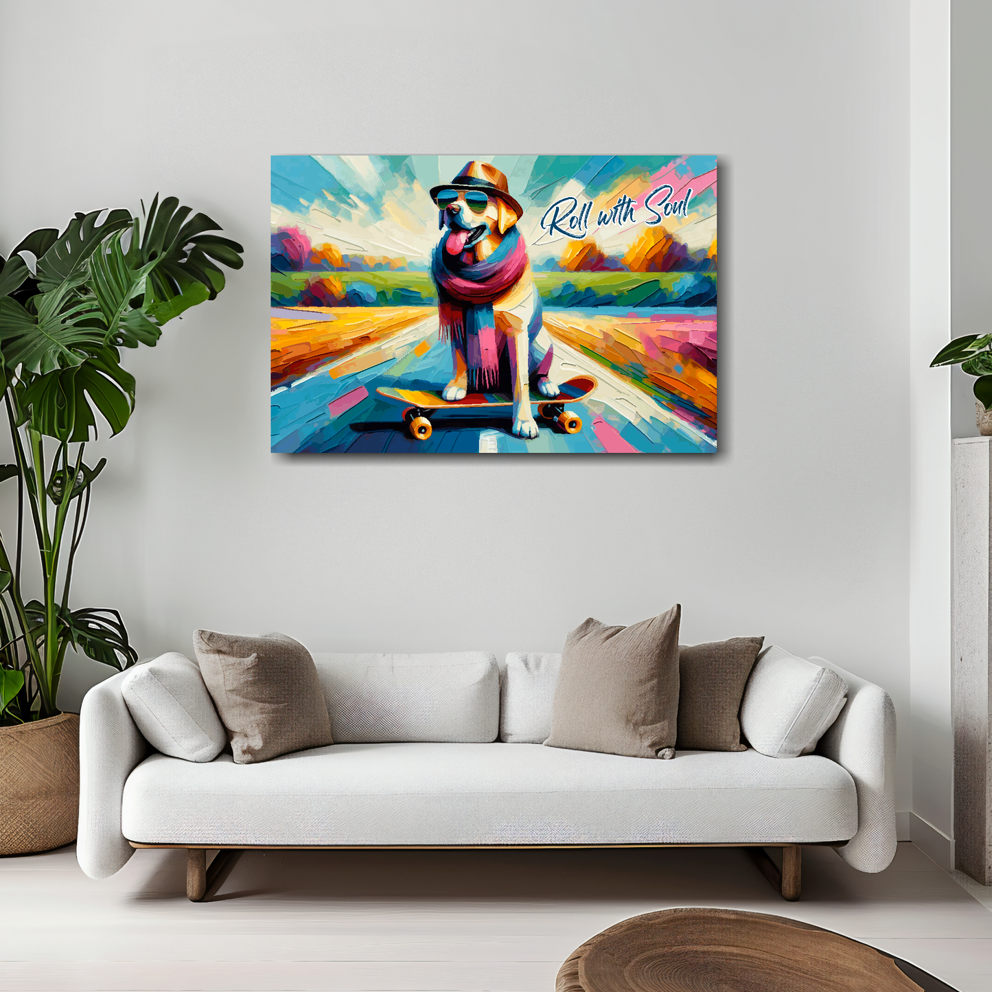 30 inch by 20 inch abstract canvas print of a Labrador on a skateboard. Mounted on a white wall above a white sofa with decorative pillows.
