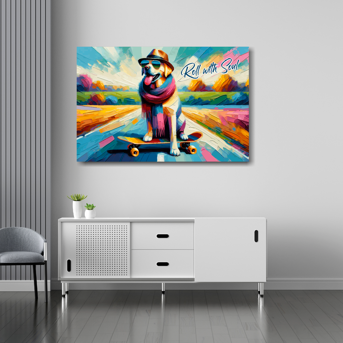 36 inch by 24 inch abstract canvas print of a Labrador on a skateboard. Mounted on a white wall above a white sideboard.