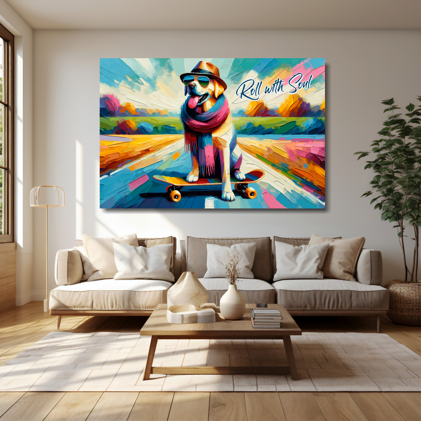 60 inch by 40 inch abstract canvas print of a Labrador on a skateboard. Mounted on a cream wall above a cream sofa with decorative pillows.