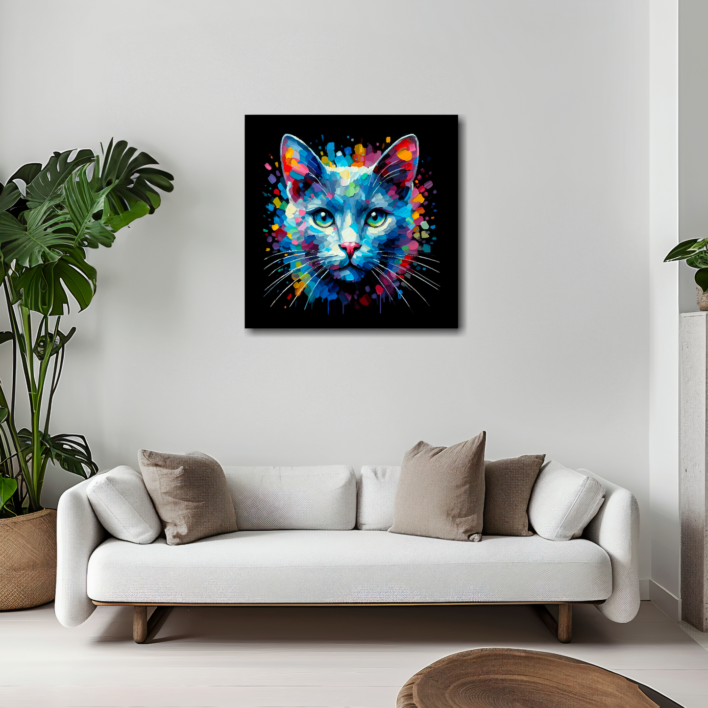 20 inch by 20 inch square canvas of a colourful Russian Blue cat head portrait on a black background. Mounted on a white wall above a white sofa with decorative pillows.