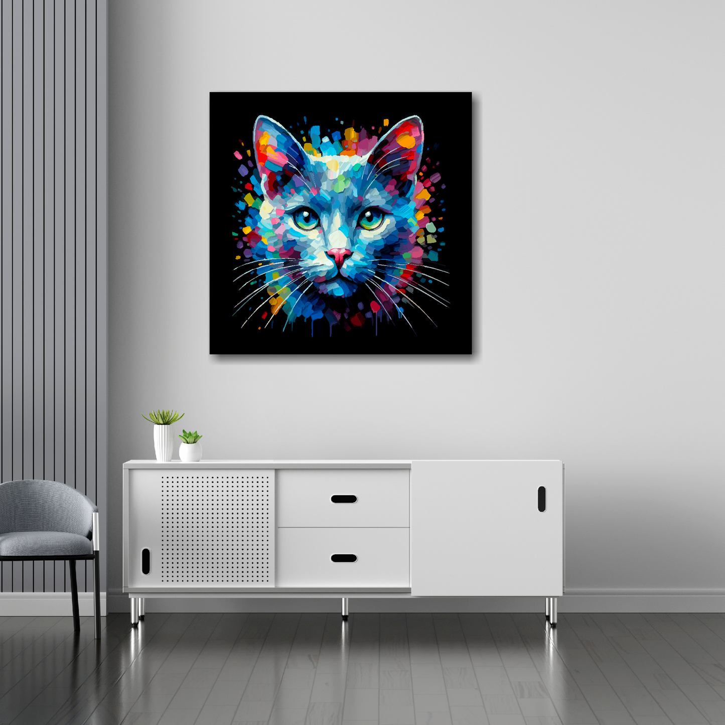 30 inch by 30 inch square canvas of a colourful Russian Blue cat head portrait on a black background. Mounted on a white wall above a white sideboard.