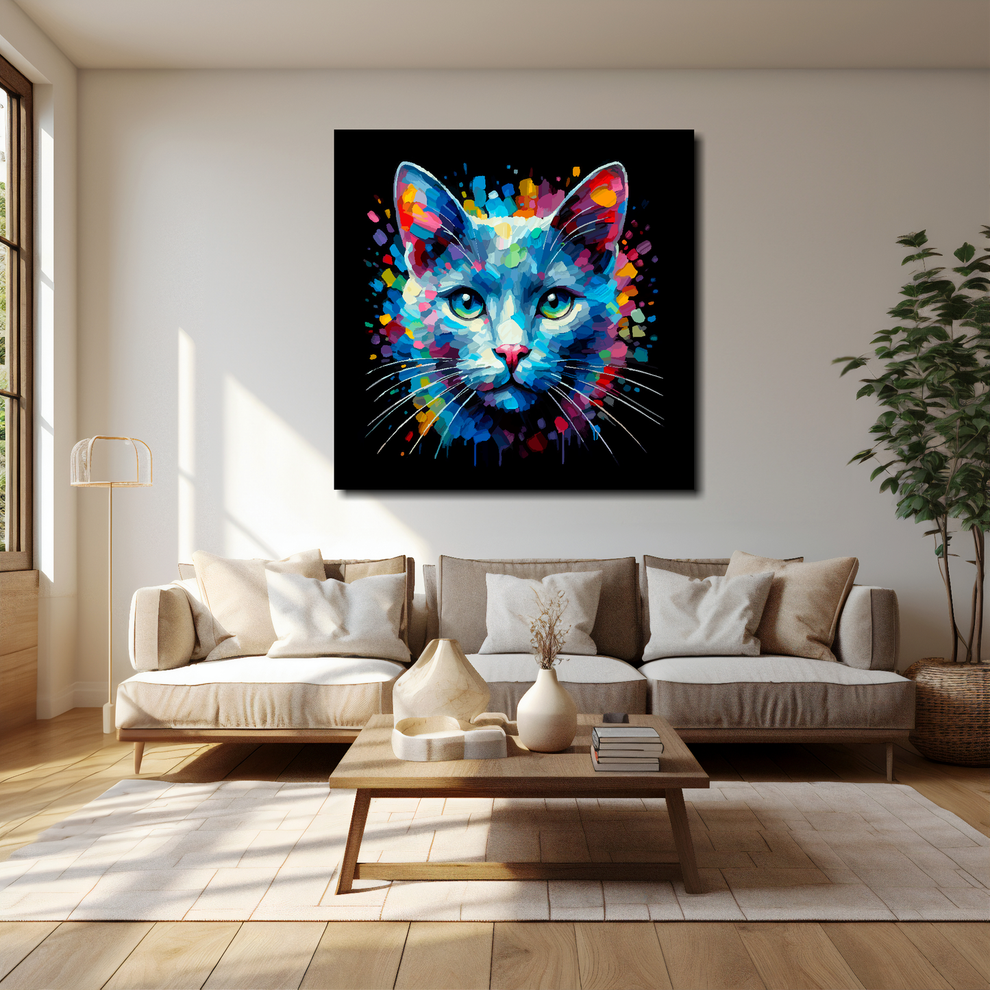 40 inch by 40 inch square canvas of a colourful Russian Blue cat head portrait on a black background. Mounted on a white wall above a cream sofa with decorative pillows.