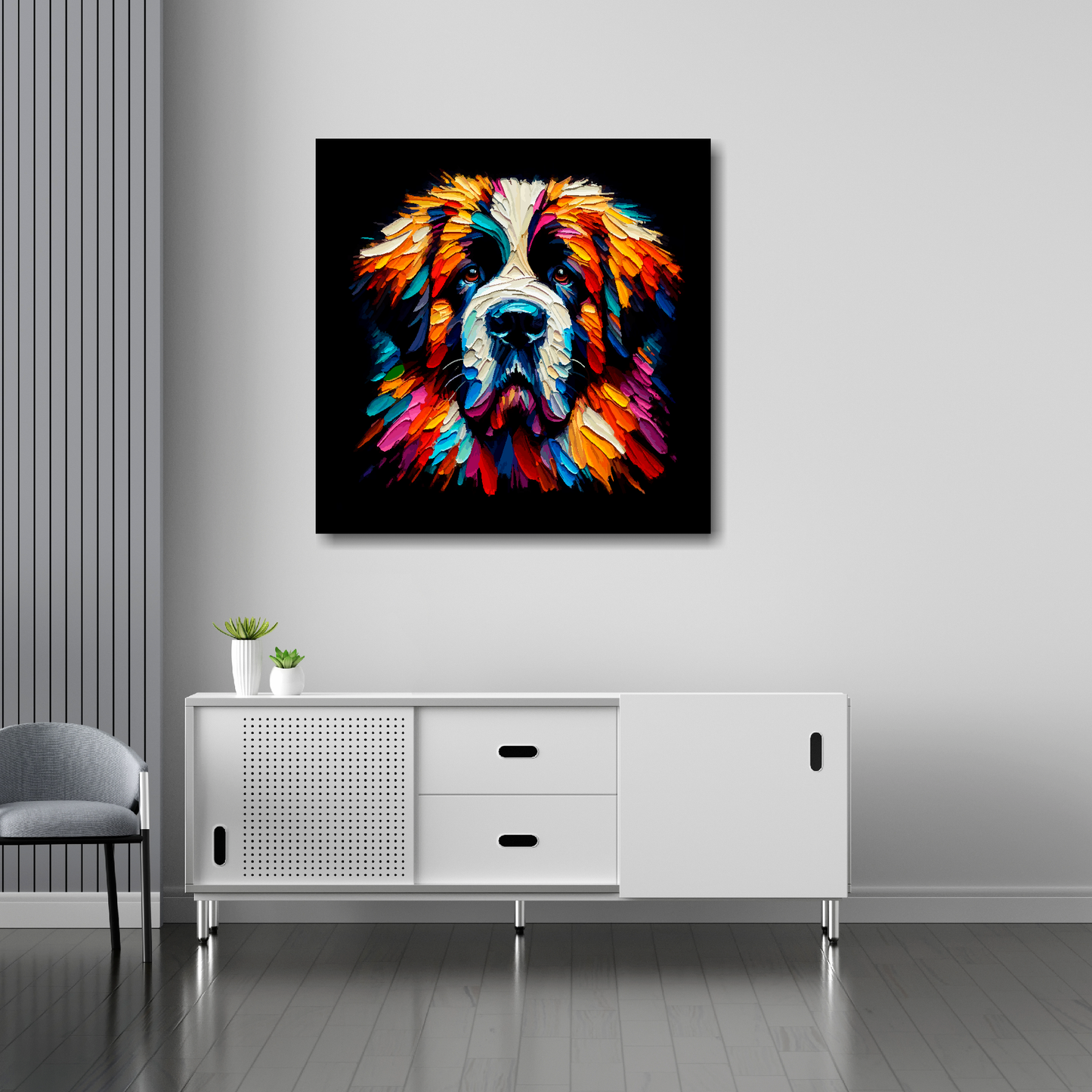 30 inch by 30 inch square canvas featuring a multi-coloured Saint Bernard dog portrait. Mounted on a white wall above a white sideboard.