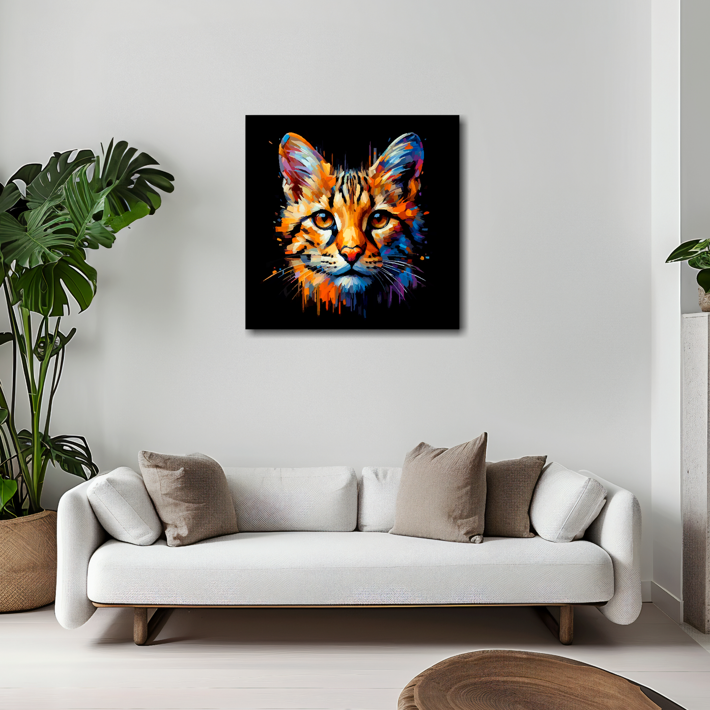 20 inch by 20 inch square canvas of a colourful Savannah cat head portrait on a black background. Mounted on a white wall above a white sofa with decorative pillows.