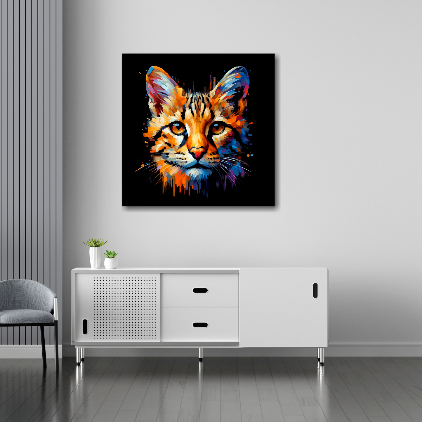 30 inch by 30 inch square canvas of a colourful Savannah cat head portrait on a black background. Mounted on a white wall above a white sideboard.