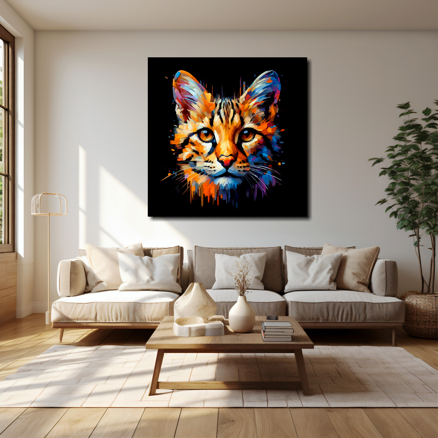 40 inch by 40 inch square canvas of a colourful Savannah cat head portrait on a black background. Mounted on a white wall above a cream sofa with decorative pillows.