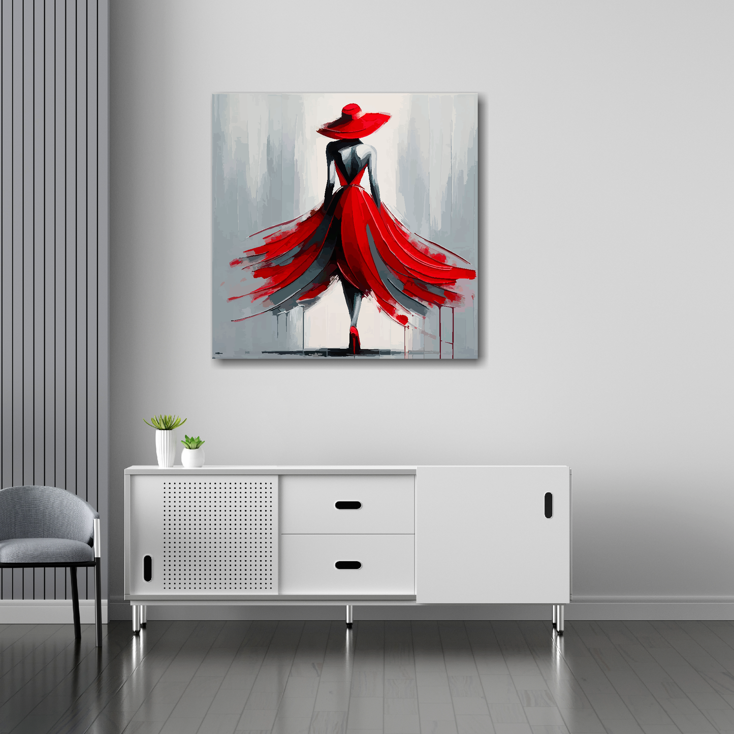 30 inch by 30 inch canvas mounted on a white living room wall above a white sideboard. Featuring a woman wearing a fashionable scarlett dress and hat on a light painted grey background.