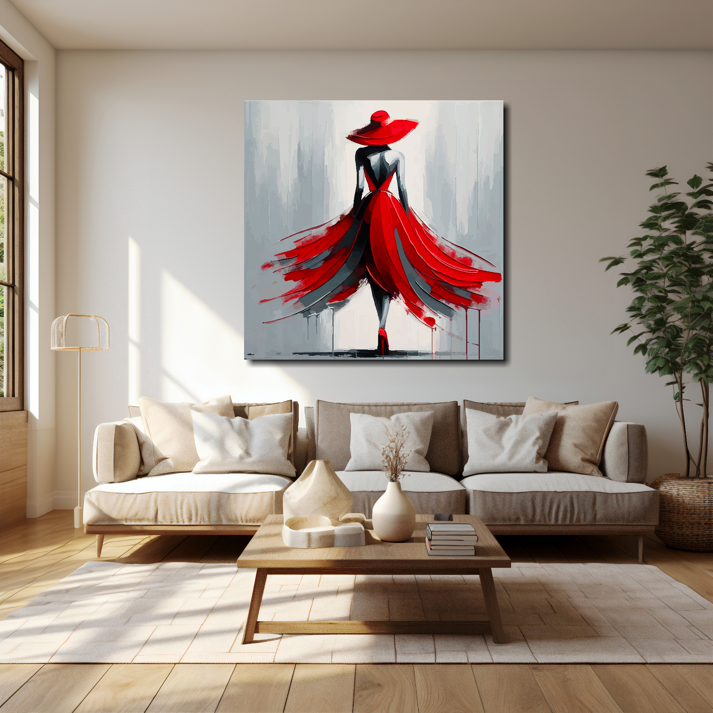 40 inch by 40 inch canvas mounted on a white living room wall above a cream sofa. Featuring a woman wearing a fashionable scarlett dress and hat on a light painted grey background.